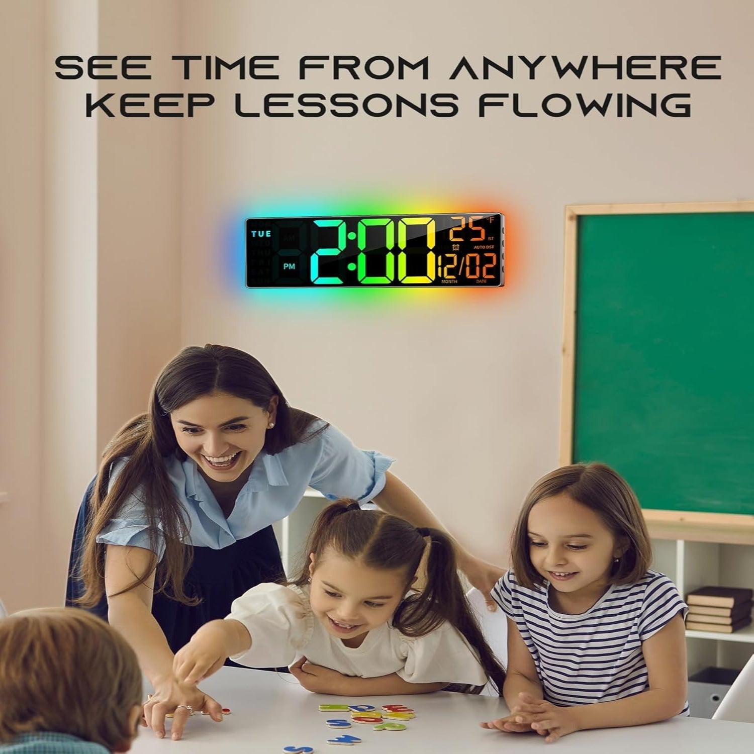 EASYERA 16.5-inch digital wall clock with RGB lights, Bluetooth sync, and 11 scene options, displaying time with bright LED display.