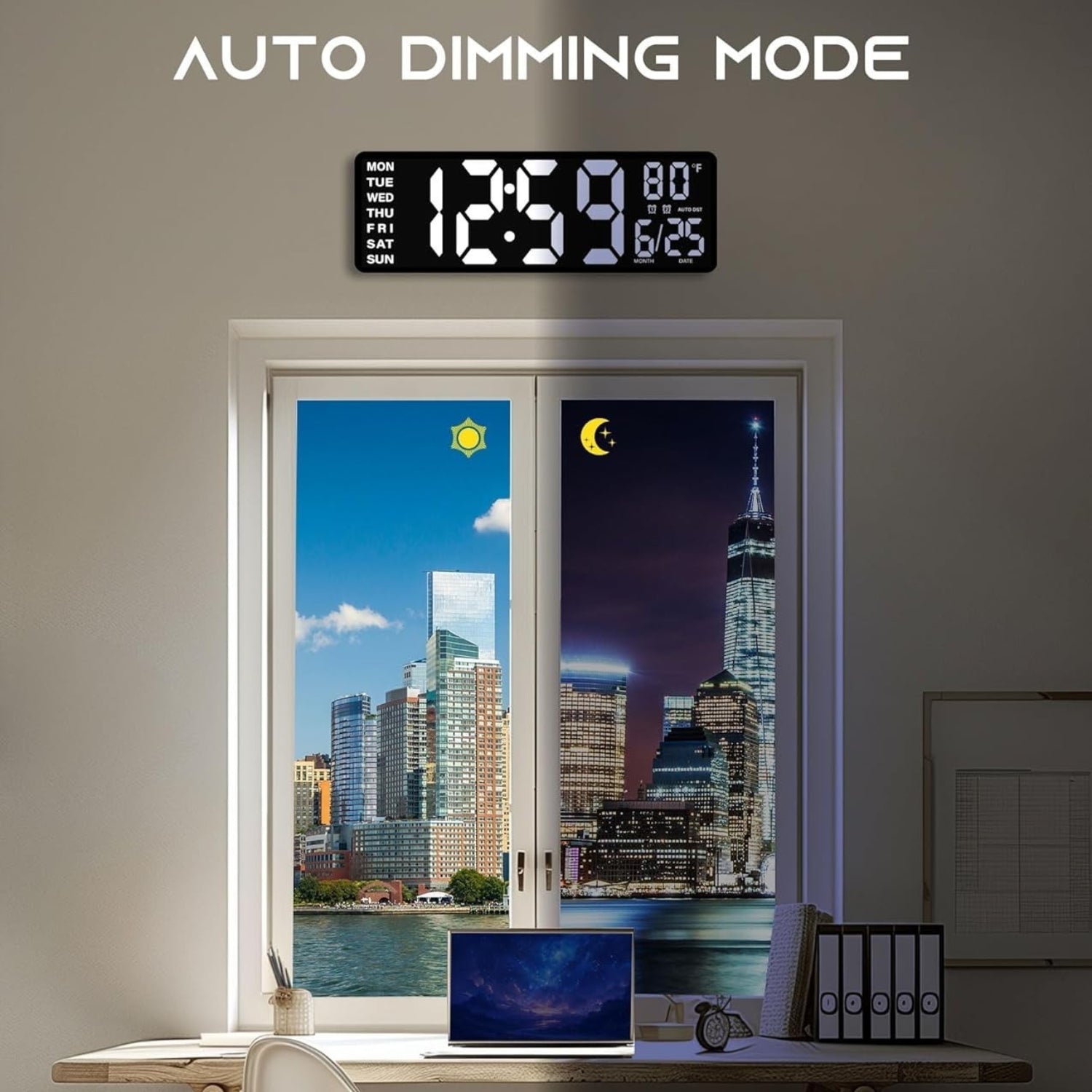 EASYERA 16.5-inch digital wall clock with RGB lights, Bluetooth sync, and 11 scene options displaying time on a modern wall.