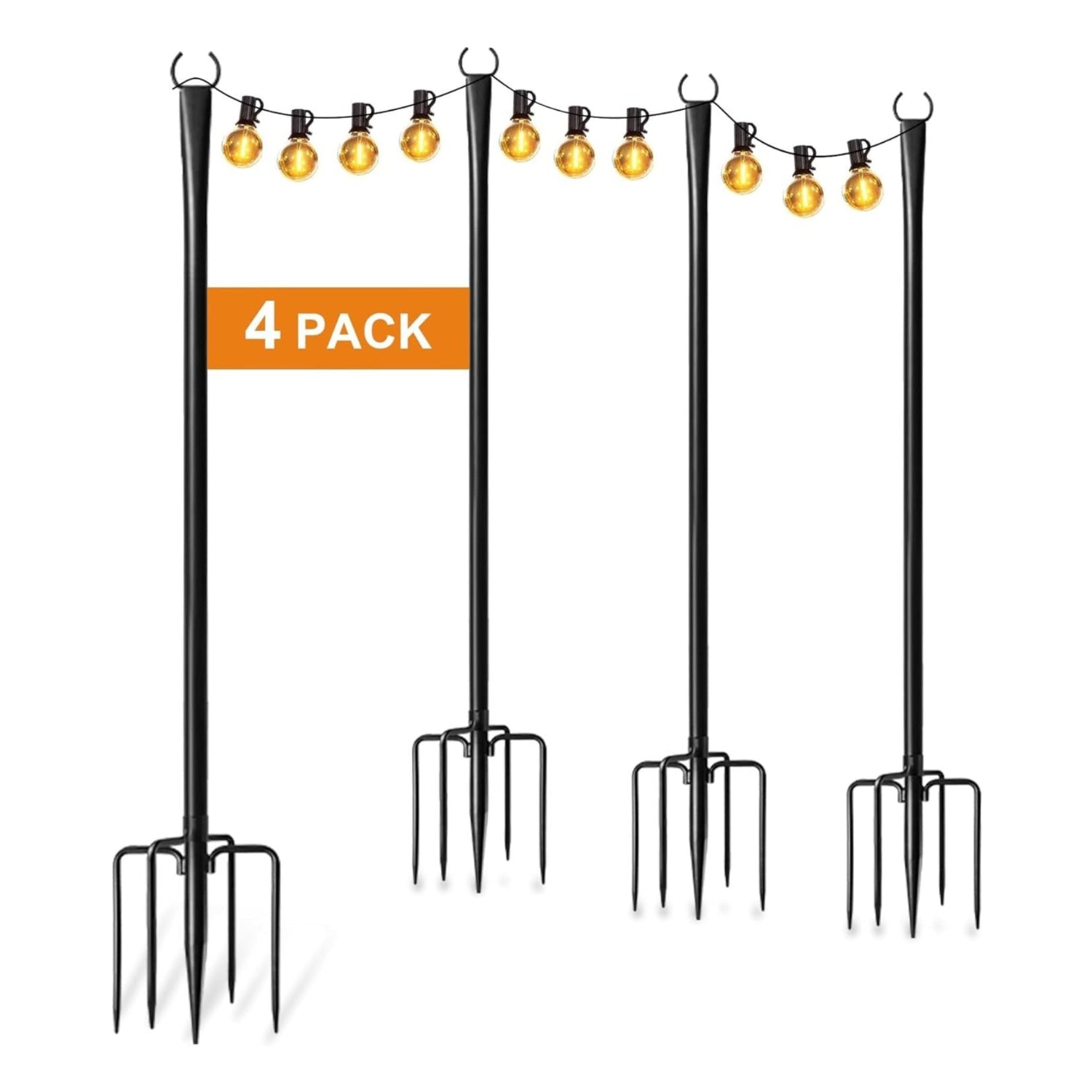 Four Fussion outdoor string light poles with thickened metal construction for hanging Christmas lights and outdoor decor.