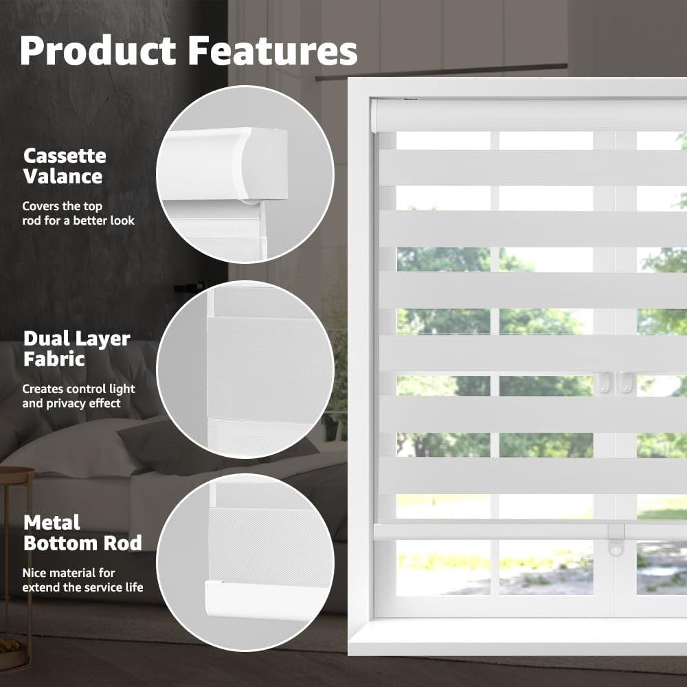 SEEYE cordless zebra blinds for windows and French doors, featuring free-stop roller wind control and sleek zebra pattern design.