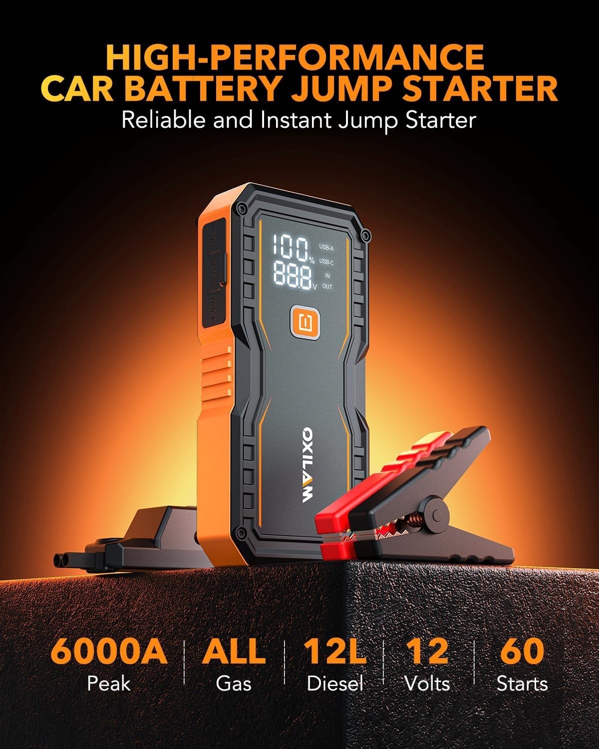OXILAM Jump Starter 6000A for gas and diesel engines, portable car battery jumper with cables and digital display