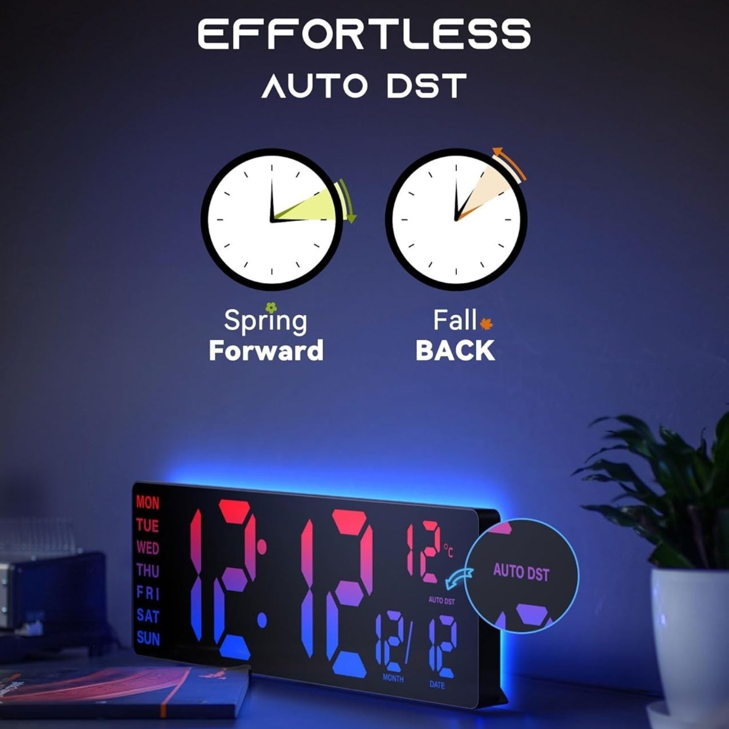EASYERA 16.5-inch digital wall clock with RGB lights, Bluetooth sync, and 11 scene modes, displaying time with vibrant lighting effects.