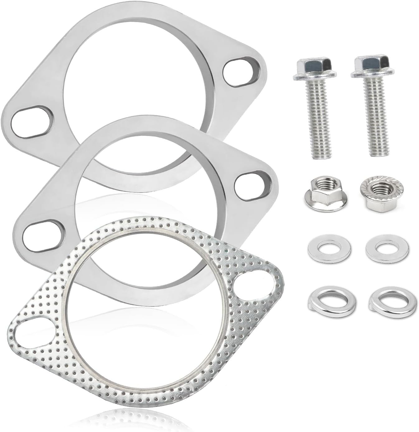 Aokdom stainless steel 2-bolt 2.25-inch exhaust flange repair kit for automotive exhaust systems, showing the flange components.