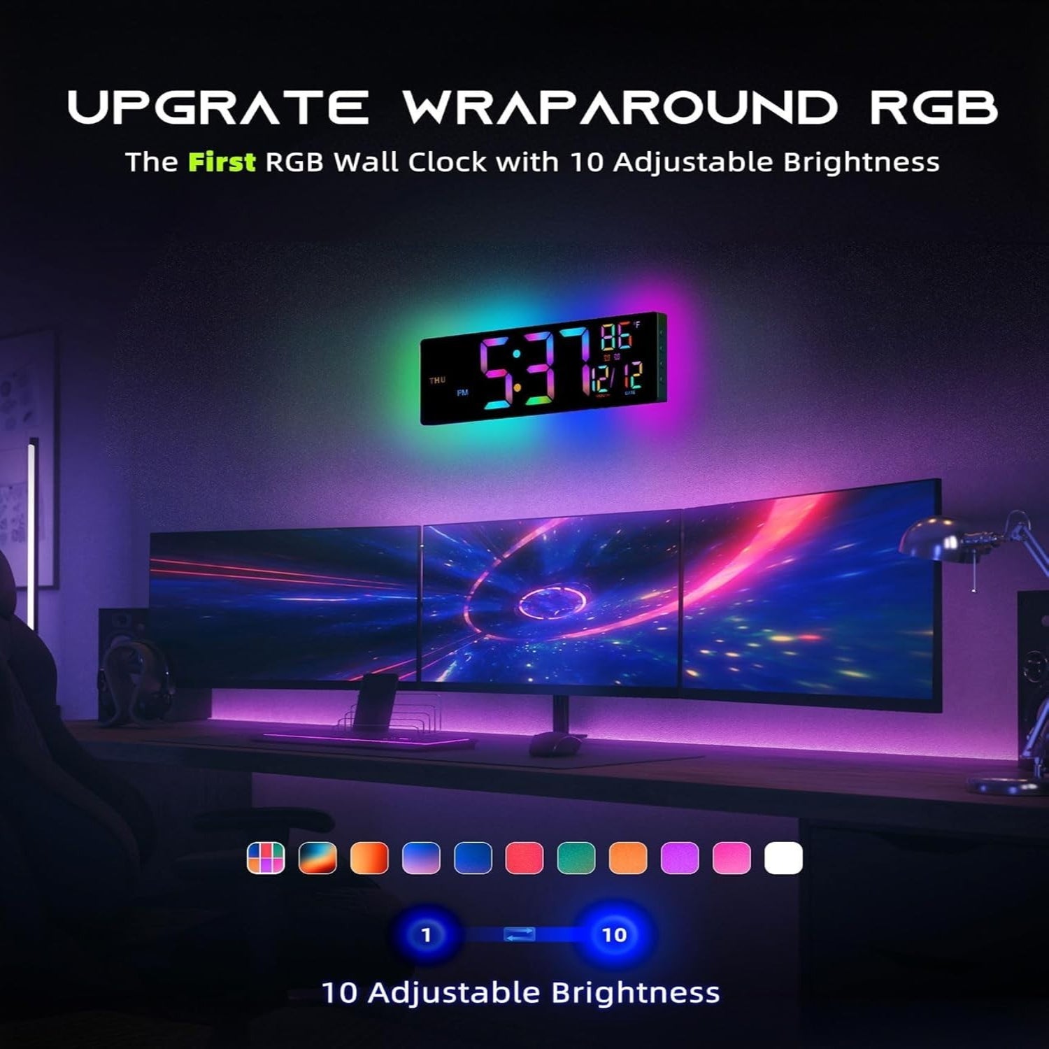EASYERA 16.5-inch digital wall clock with RGB lights, Bluetooth sync, and 11 scene options displaying time and colorful lighting.