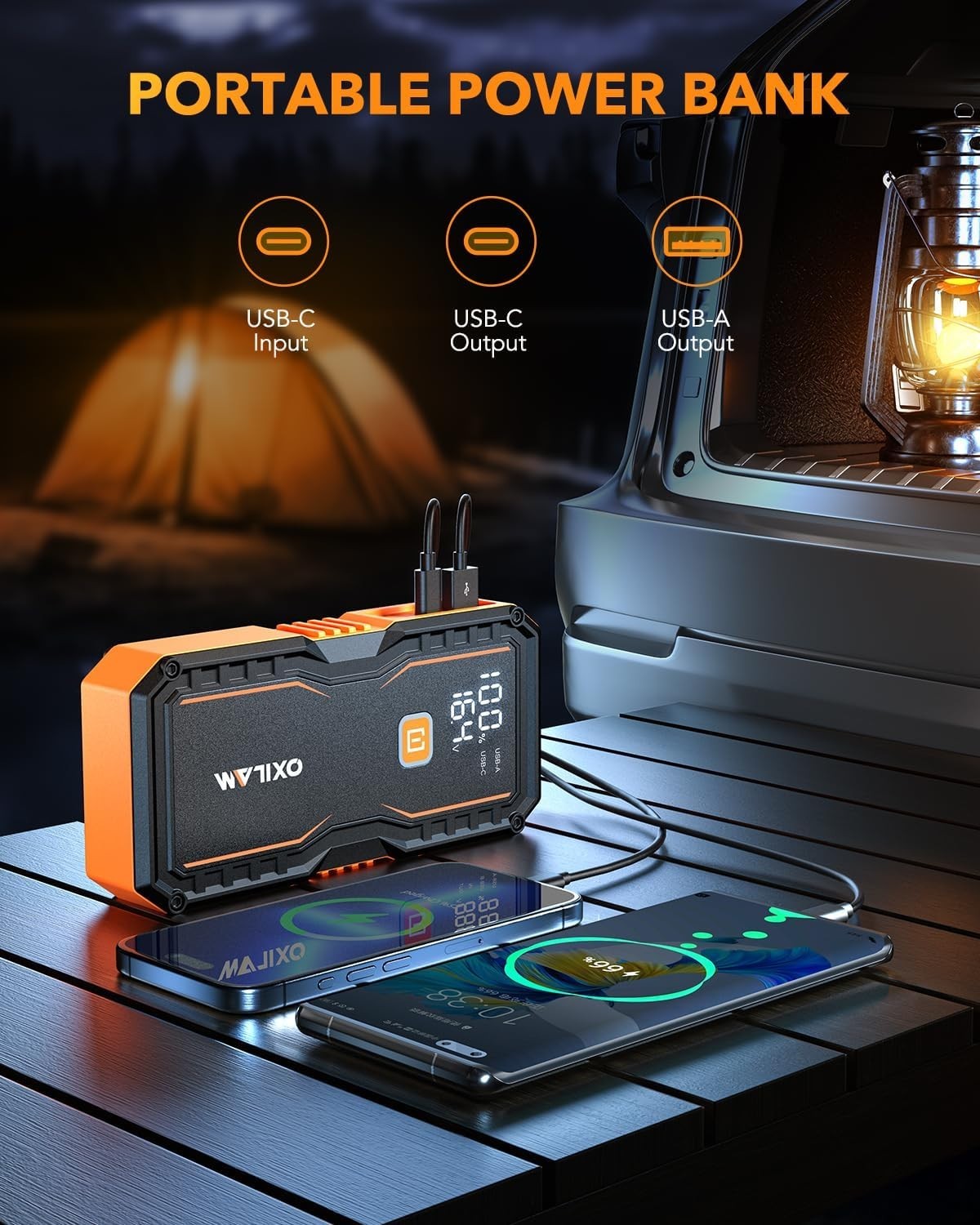 OXILAM Jump Starter 6000A with cables and clamps for car batteries, suitable for gas and diesel engines, portable and compact design.