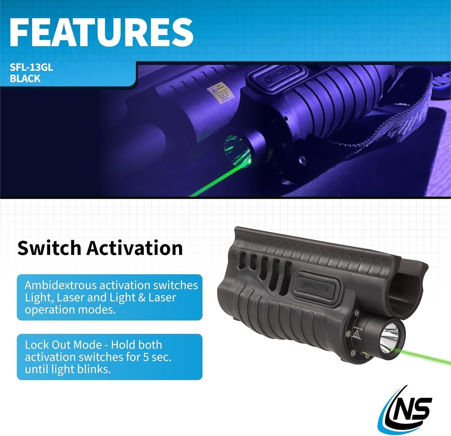 Nightstick SFL-13GL shotgun forend light mounted on Mossberg 500 shotgun with textured grip and LED flashlight attachment.