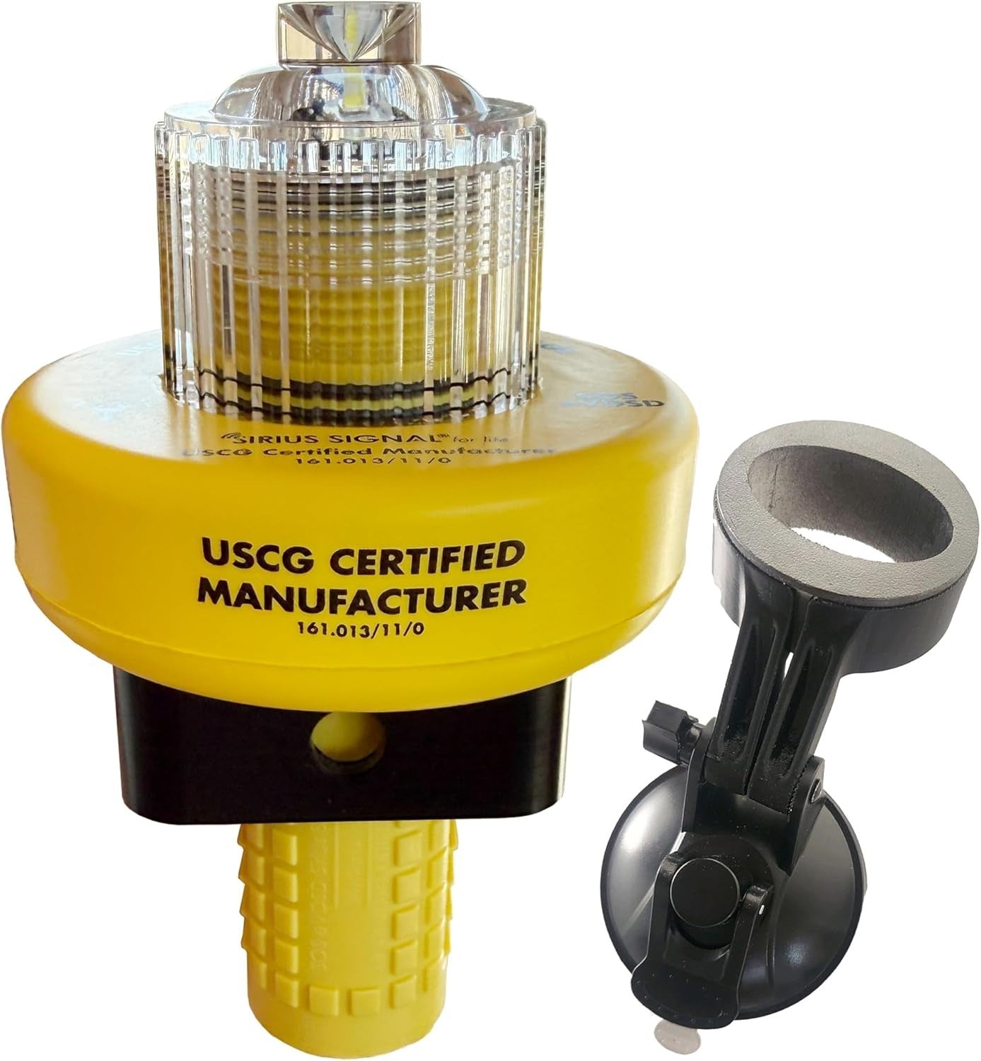 Sirius Signal C-1004 SOS LED distress signal with white and infrared lights, USCG approved, mounted on a rescue flotation device.