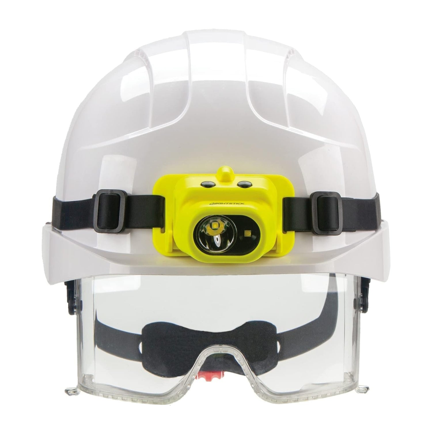 Green Nightstick XPR-5554G Intrinsically Safe USB dual-light headlamp with adjustable straps and LED lights.