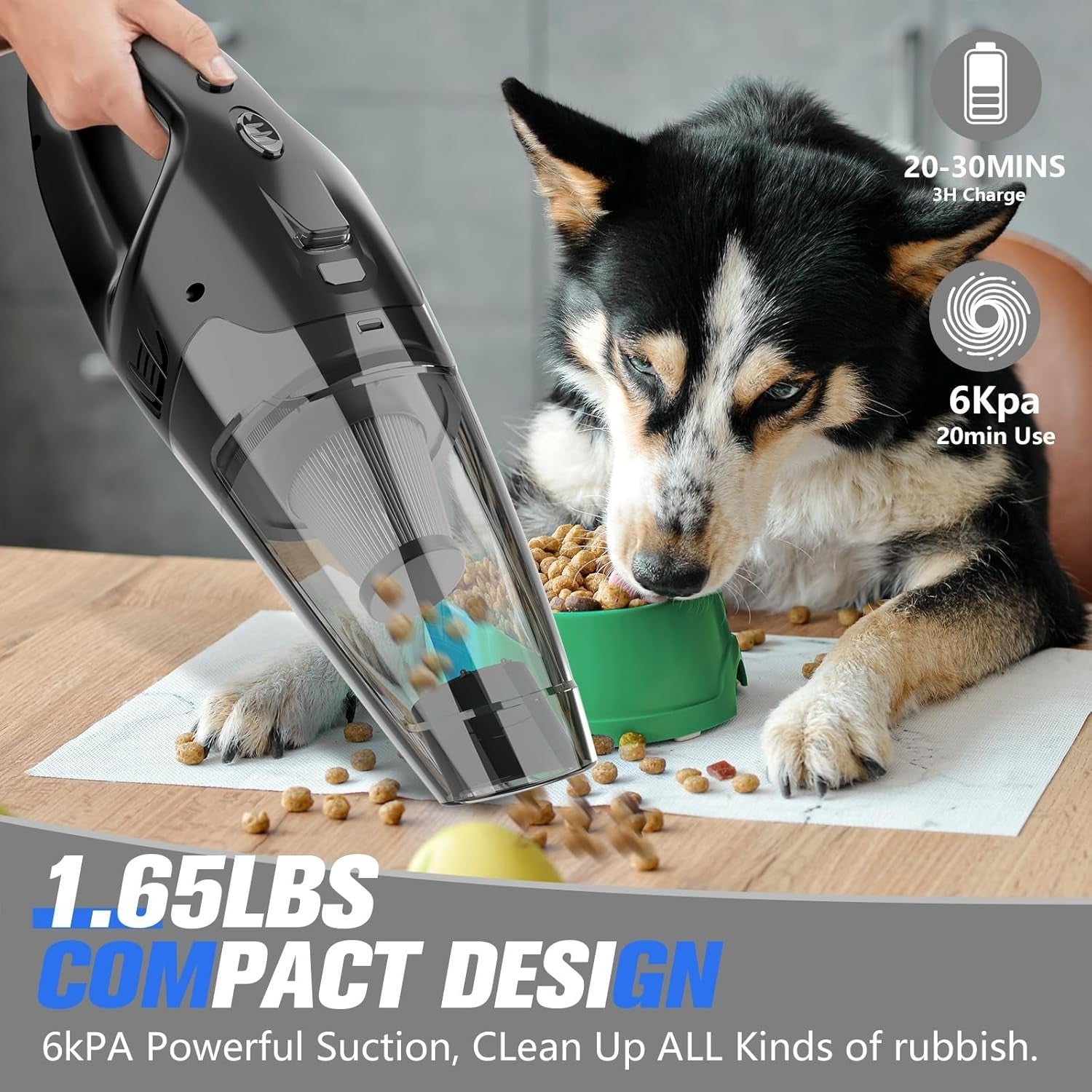 BSRCO cordless handheld car vacuum cleaner with LED light, strong suction, portable design, shown with nozzle attachment.