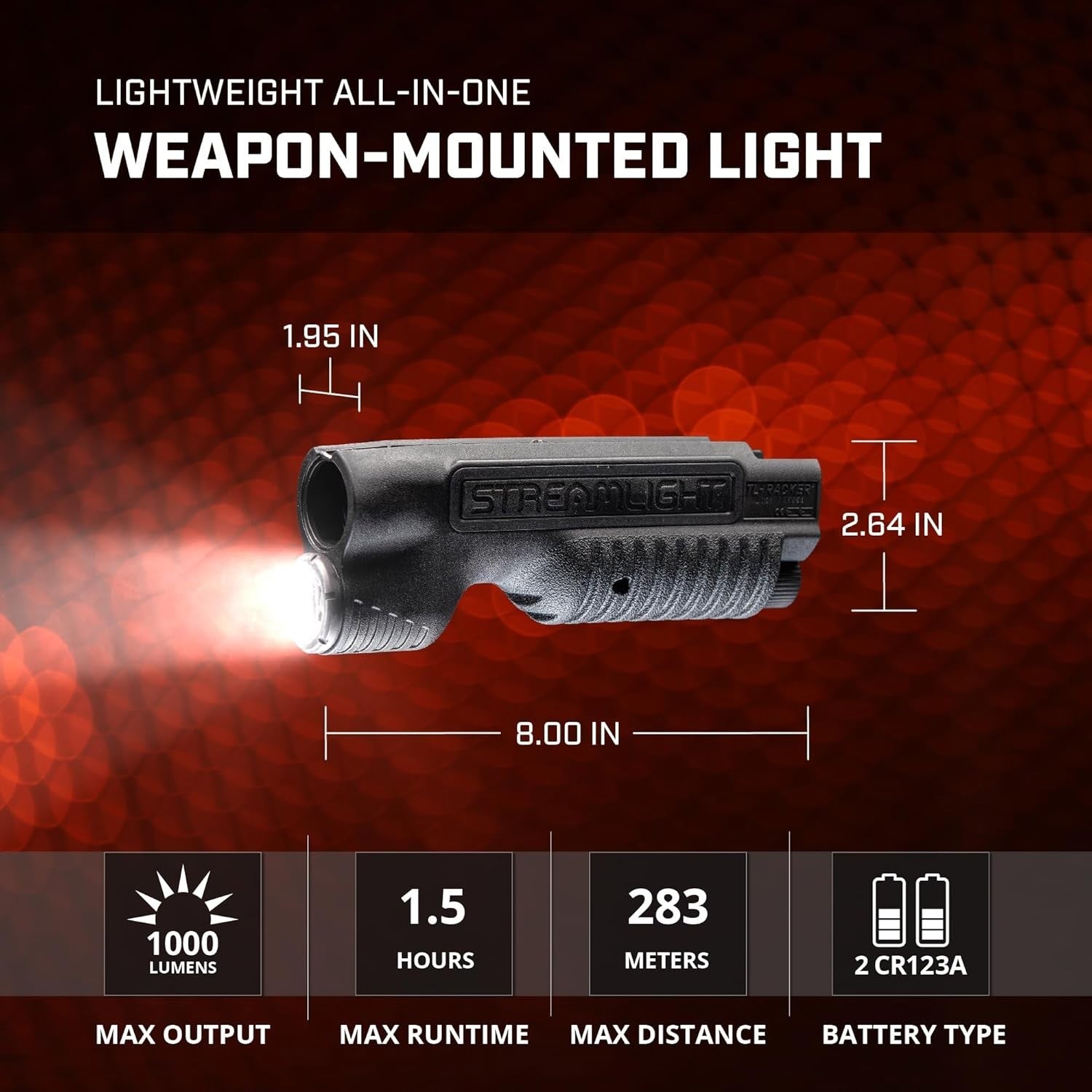 Tactical forend with integrated Streamlight 69600 TL-Racker, 1,000-lumen flashlight and 20,000-candela illumination, unbranded gun accessory.