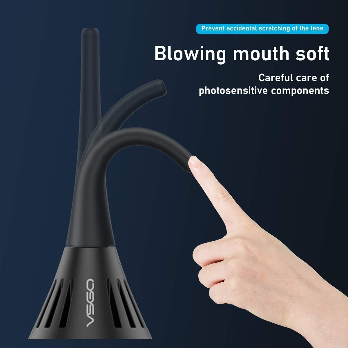 VSGO camera air blower with soft tip and self-suction cup for cleaning camera lenses and sensors, featuring a single air intake.