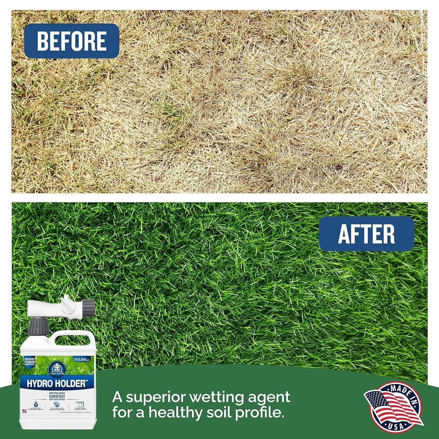 Turf Titan Hydro Holder Soil Wetting Agent for lawn, 32 oz with hose end sprayer, applied to soil in a lush green lawn.