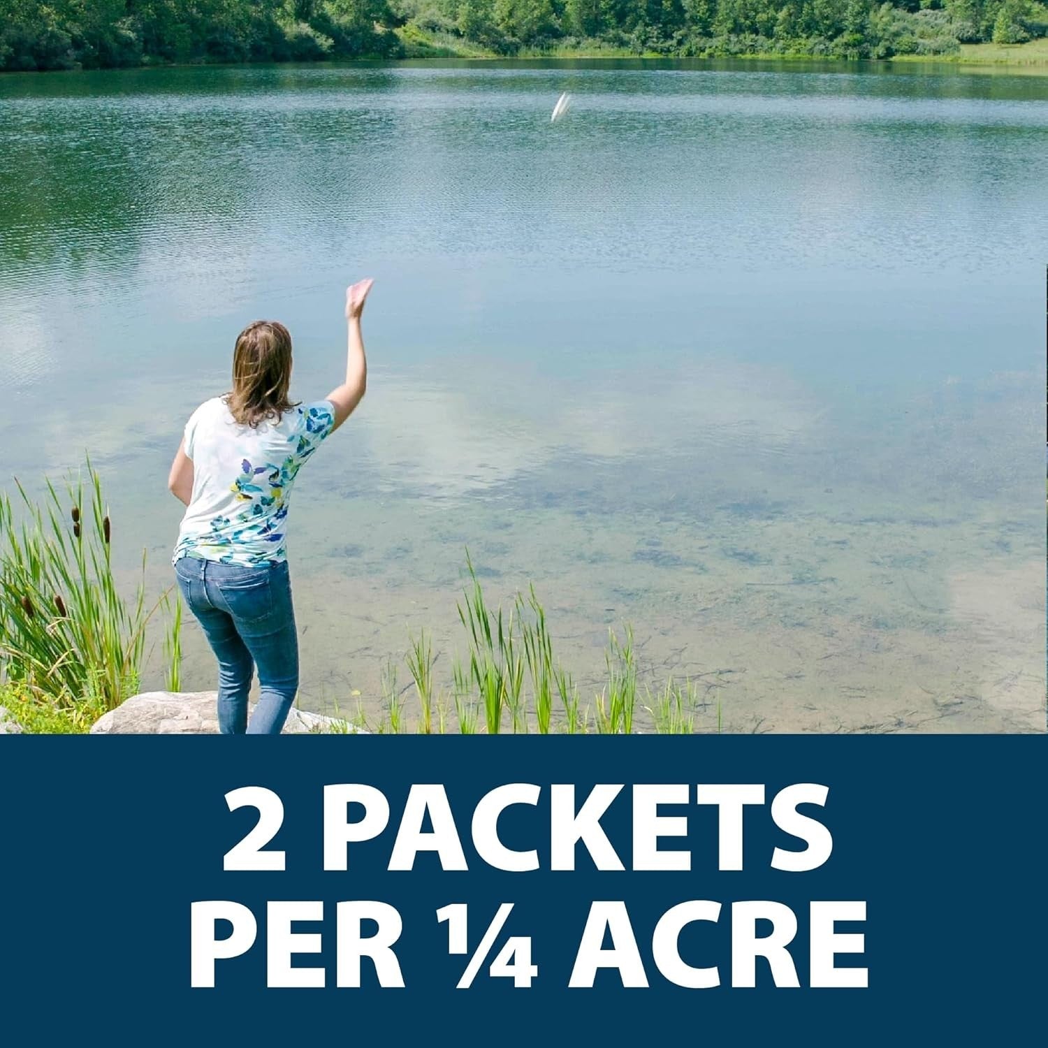 Airmax PondClear Packets with beneficial bacteria and enzyme clarifier for pond water, 24-count, showing packets and pond environment