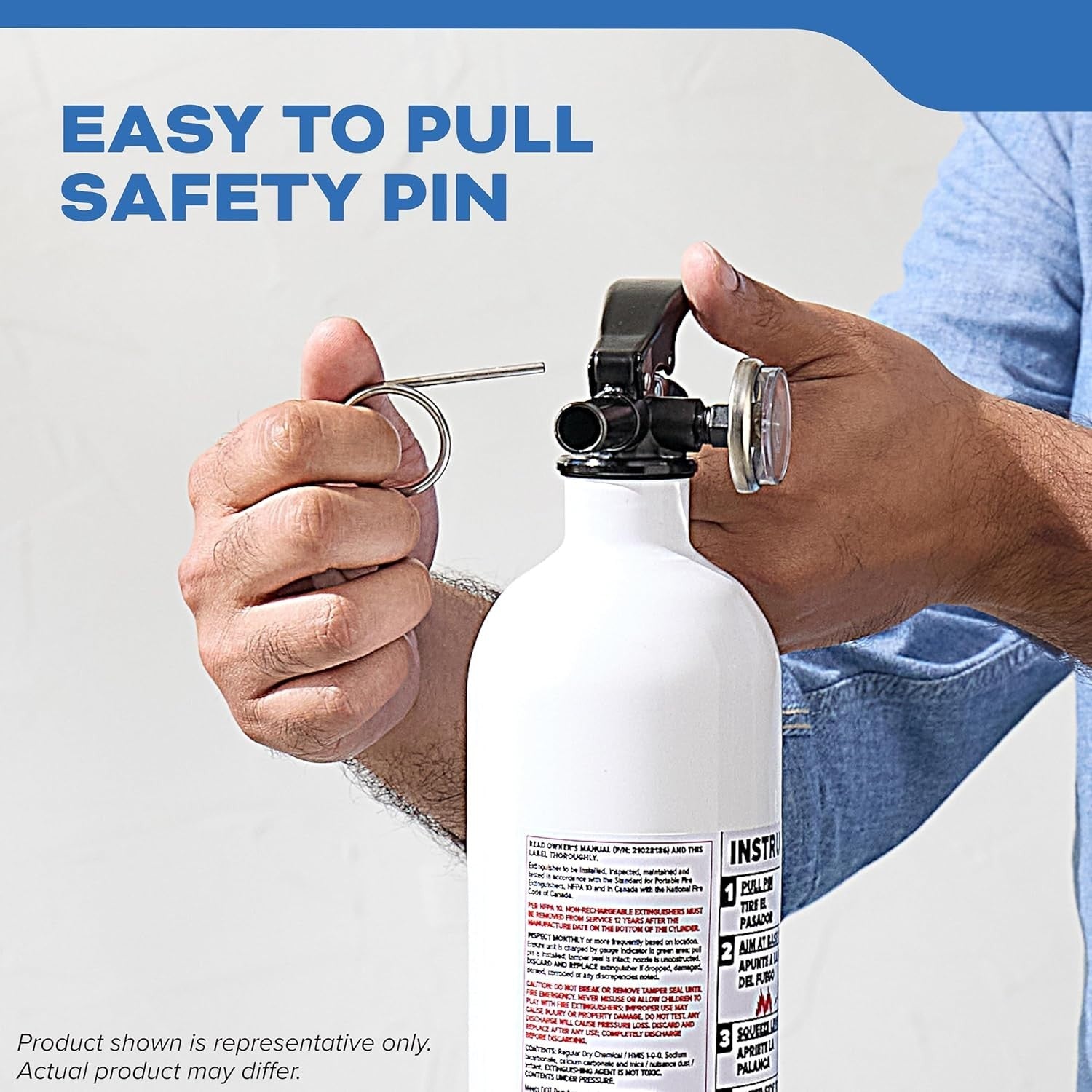 Unbranded Kidde fire extinguisher for boats, single-use 1A10BC, mounted with pressure gauge and safety pin visible.