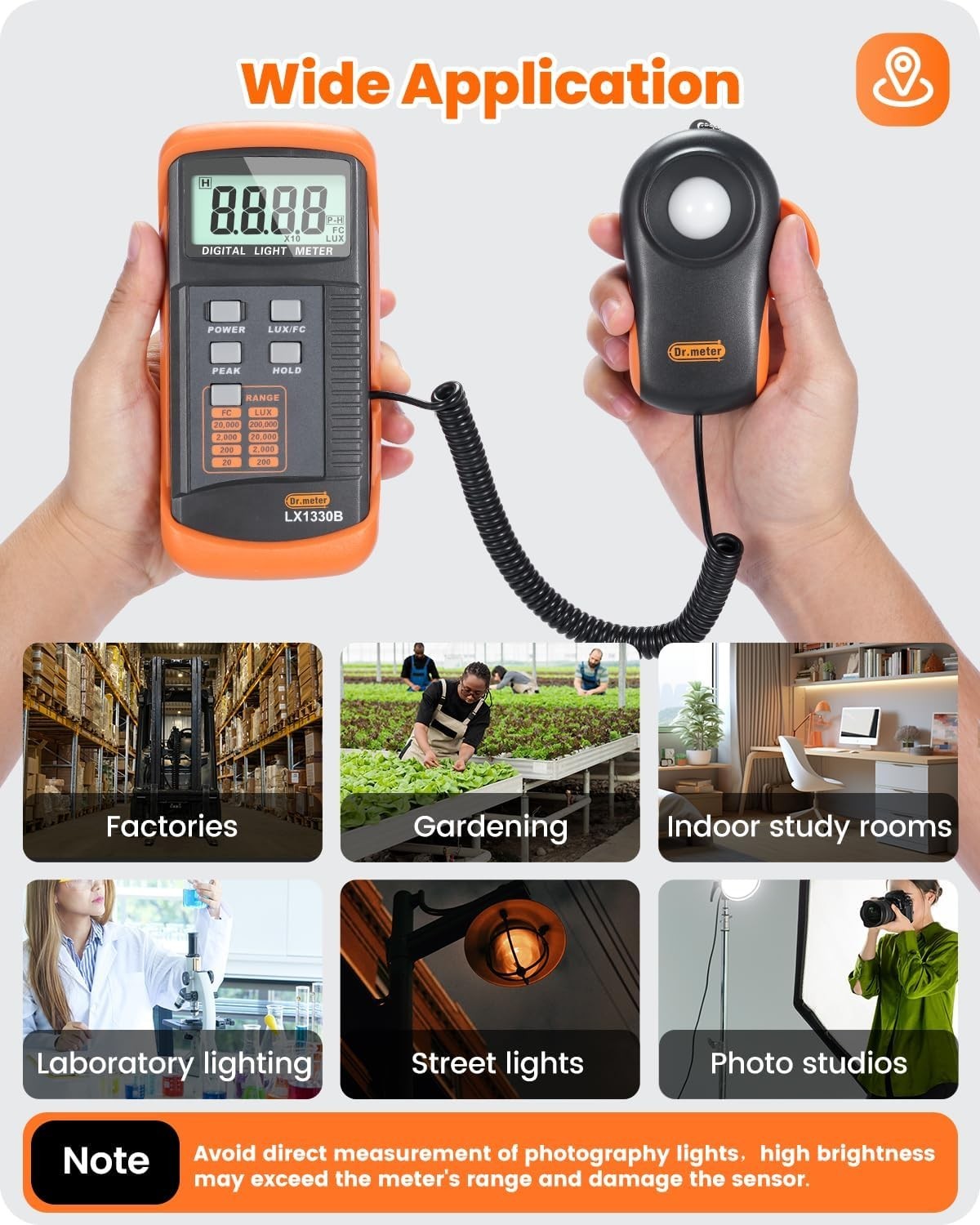 Digital LX1330B light meter showing digital display and sensor, used to measure illuminance levels from 0 to 200,000 lux.