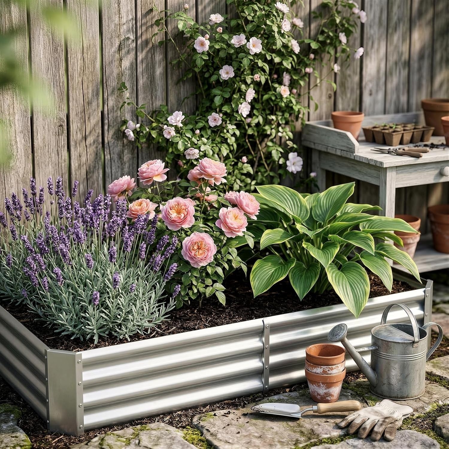 Land Guard galvanized metal raised garden bed, 6×3×1 ft, with sturdy construction and clean finish, ideal for planting vegetables or flowers.
