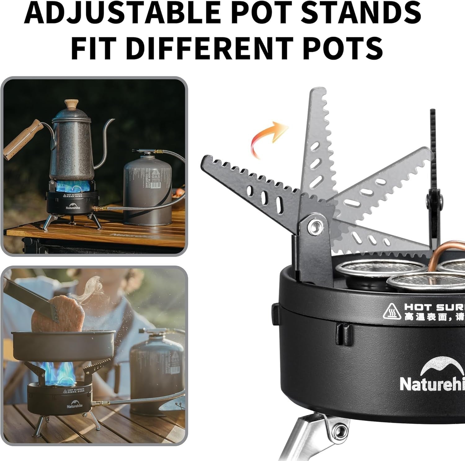 Naturehike IGT camping gas stove with portable isobutane canister and 12000BTU burner for outdoor cooking.