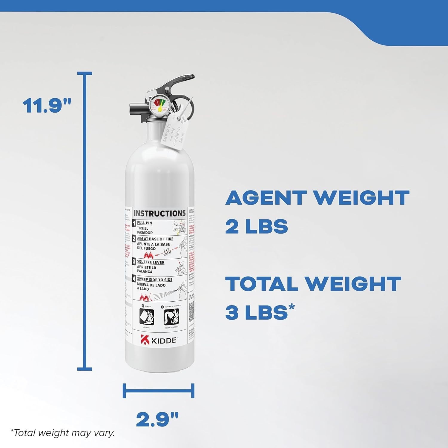Unbranded Kidde fire extinguisher for boats, single-use 1A10BC, showing the red cylinder with label and nozzle.