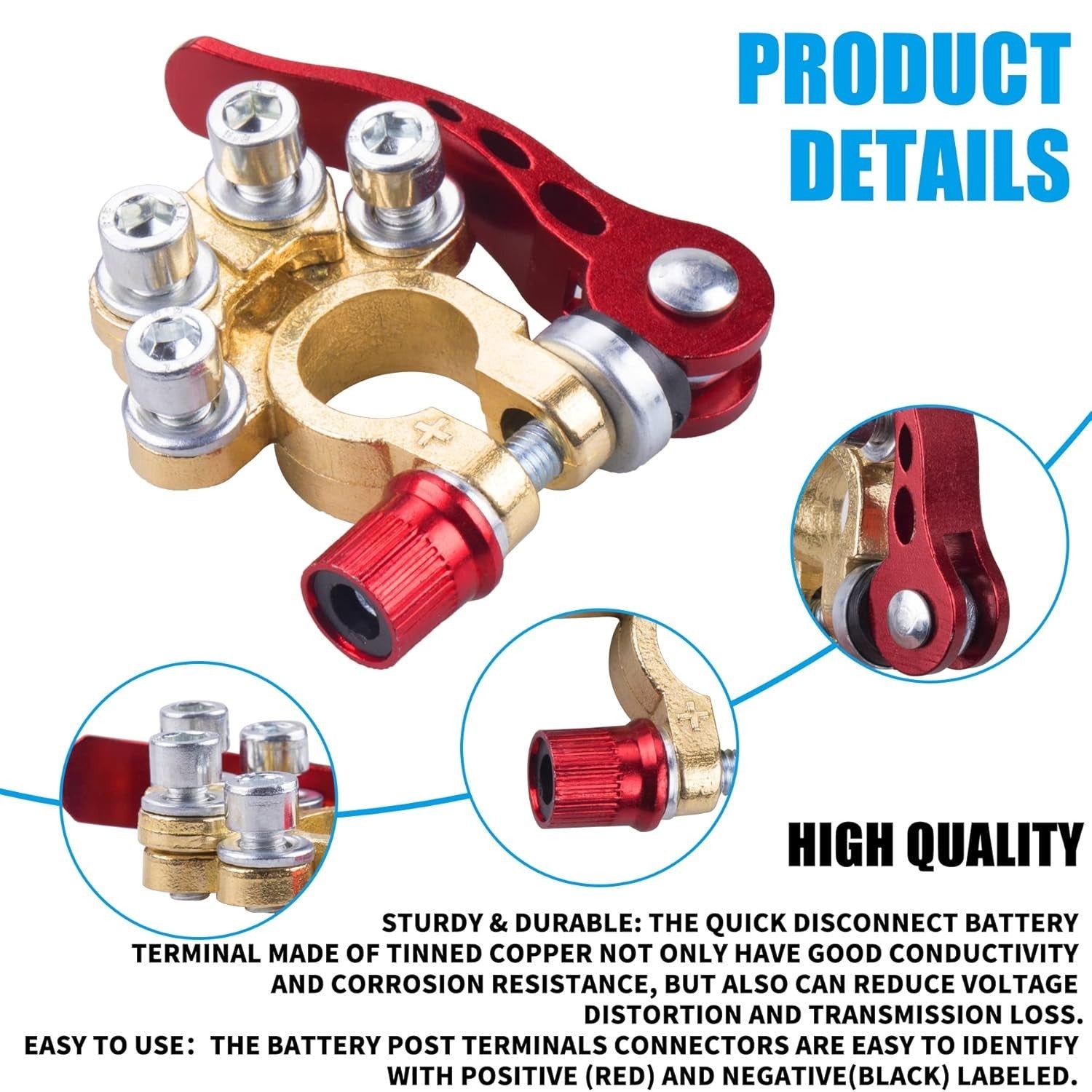 JINGKE battery terminal clamp connectors, 2-pack with 4-way quick release disconnect, showing metal clamps on battery cables