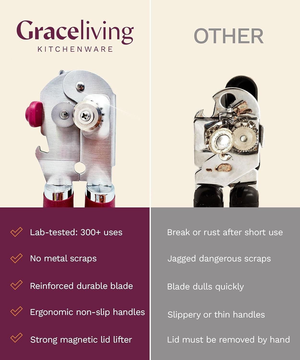Graceliving premium multifunction magnetic manual can and bottle opener, heavy-duty stainless steel tool with ergonomic handle.
