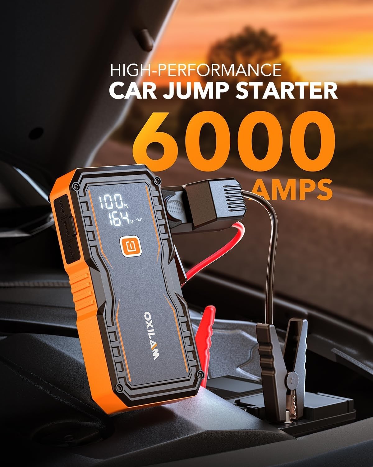 OXILAM Jump Starter 6000A for cars and trucks, showing the portable device with cables and digital display.