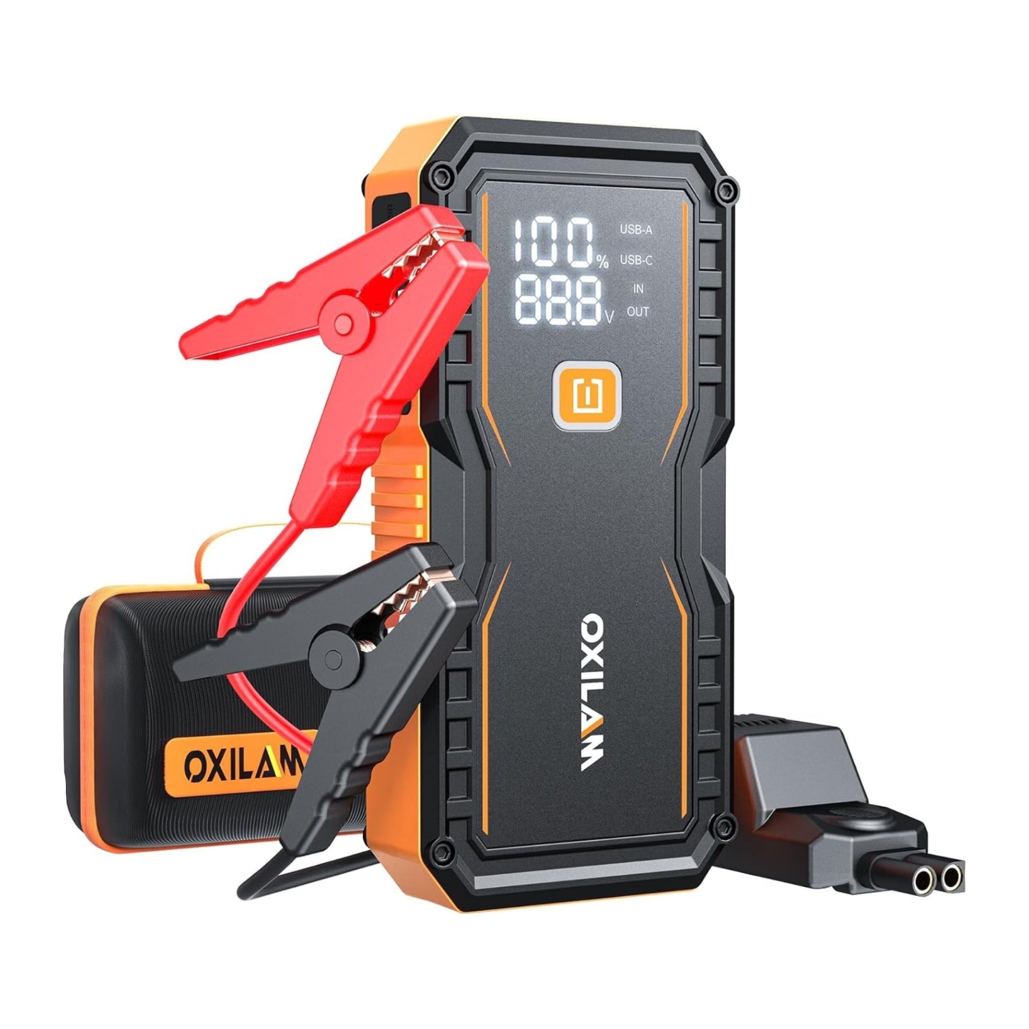 OXILAM Jump Starter 6000A for cars and trucks, with cables and port, designed for all gas engines and 12L diesel vehicles.