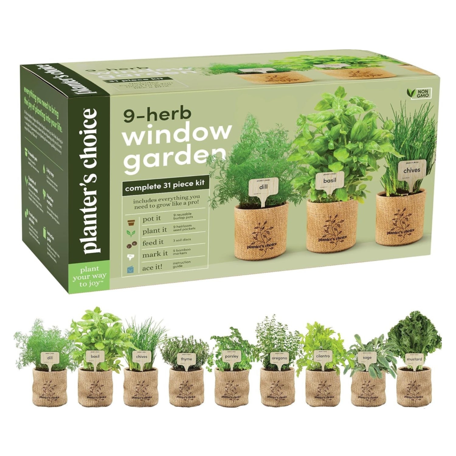 Planters' Choice 9 Herb Indoor Window Garden Kit with small potted herbs on a windowsill, ideal for indoor gardening and kitchen use.