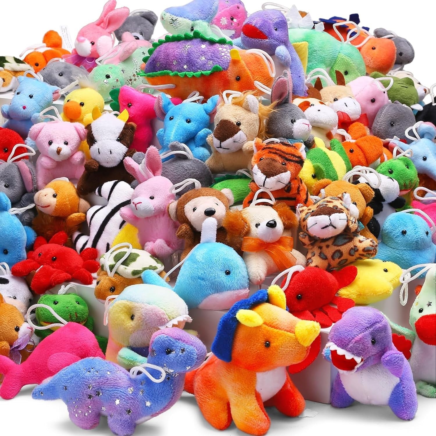 Set of 72 Uzoxlsn mini stuffed animals including dinosaurs, zoo animals, and ocean creatures in assorted plush toy designs.