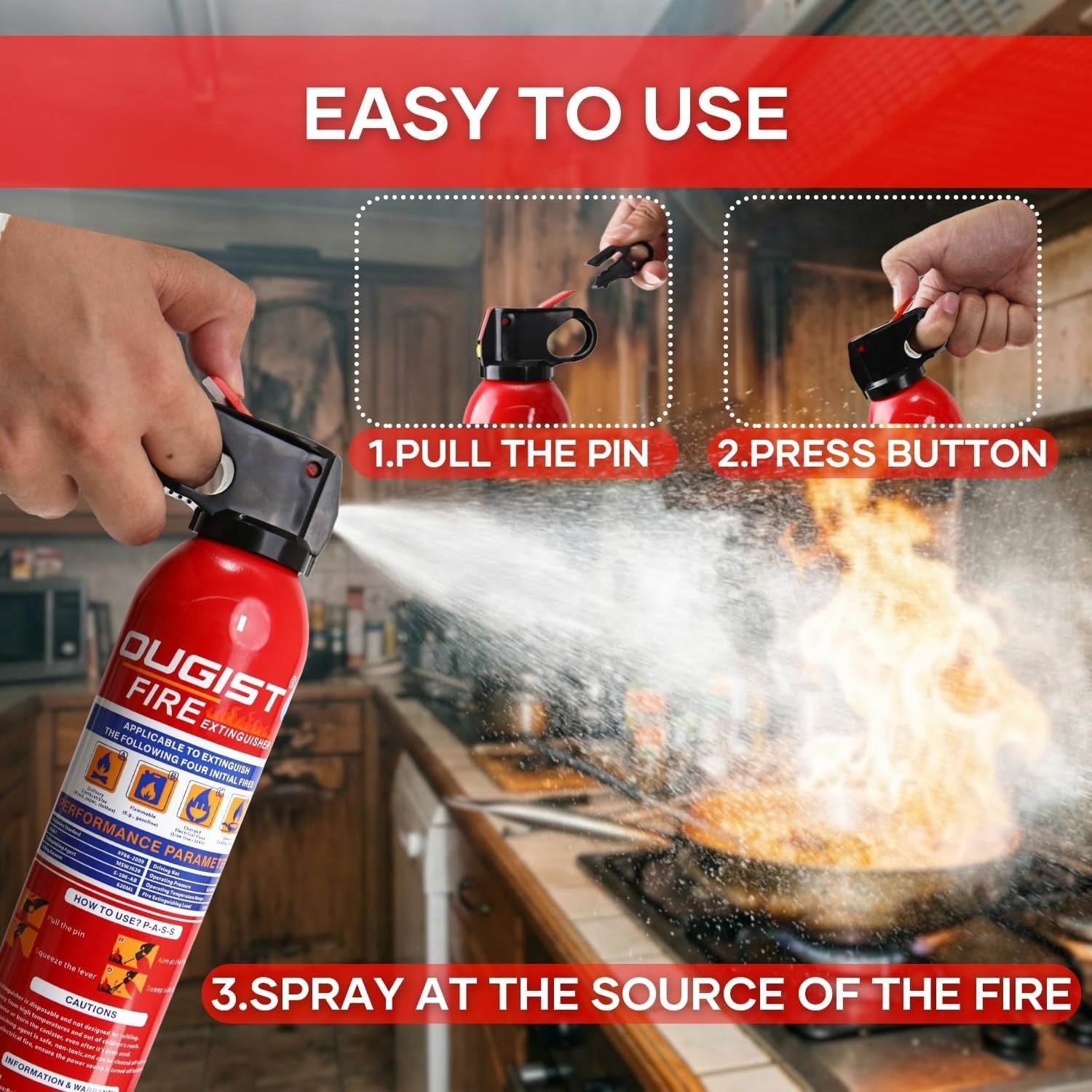 Set of four Ougist multipurpose fire extinguishers with wall mount brackets, 21oz each, suitable for home or office safety.