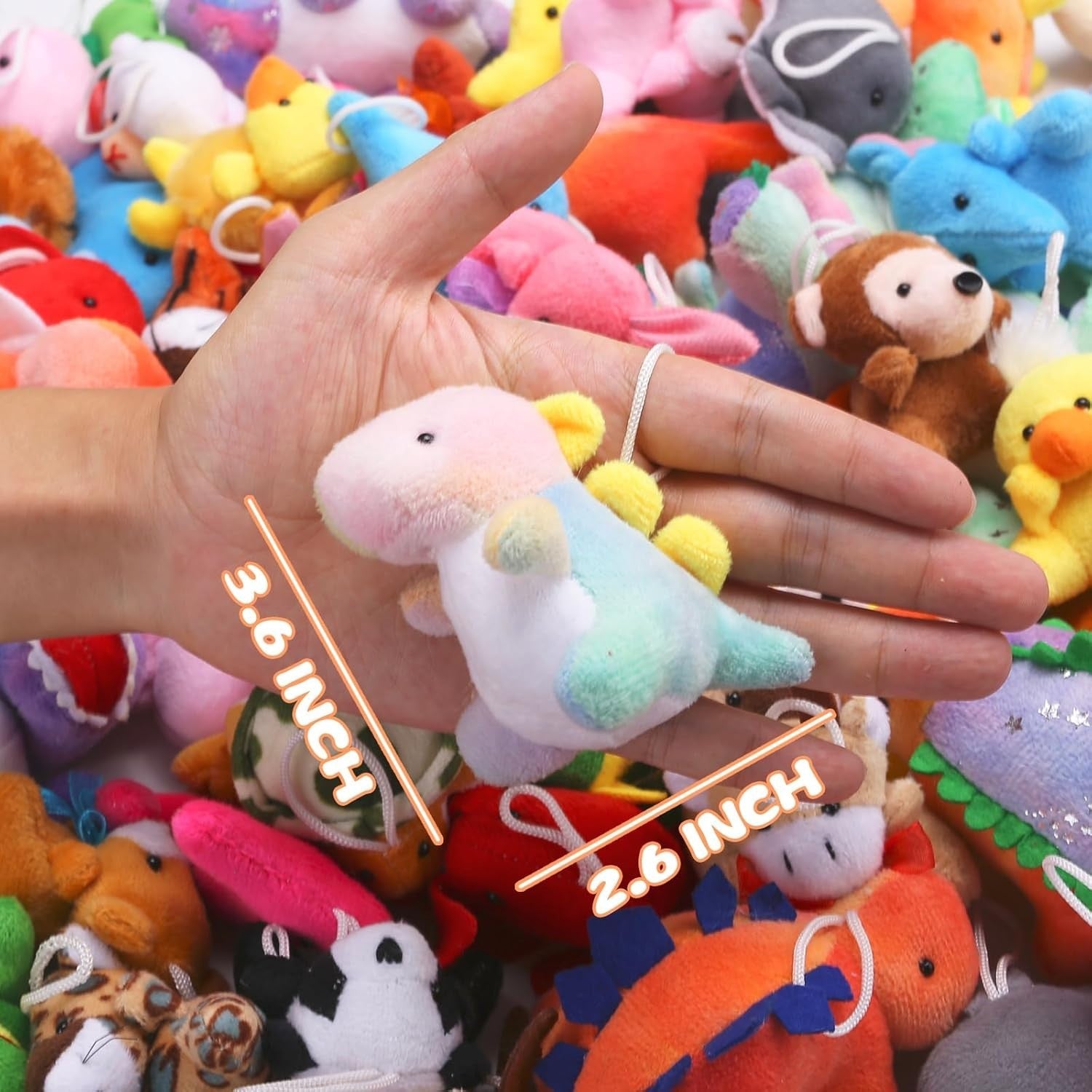 Set of 72 Uzoxlsn mini plush stuffed animals featuring colorful dinosaurs, zoo animals, and ocean creatures, perfect for parties.