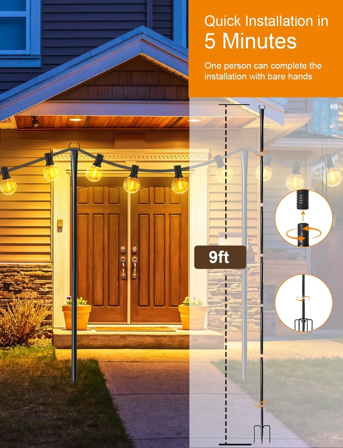 Four Fussion outdoor string light poles with thickened metal construction for hanging Christmas lights on patios or gardens.