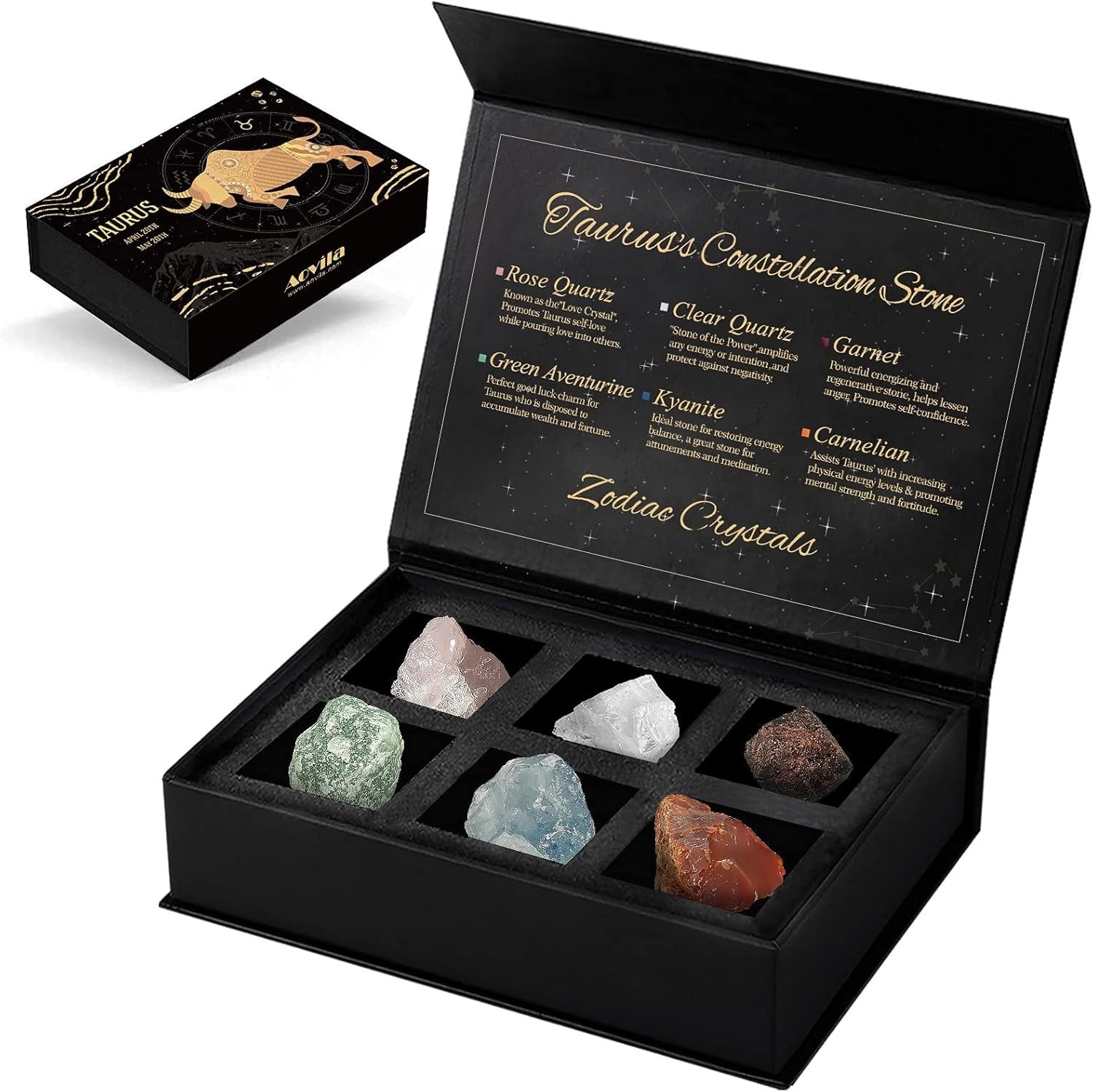 Aovila Taurus Crystals gift set with zodiac healing crystals and birthstones, displayed with various colorful polished stones.