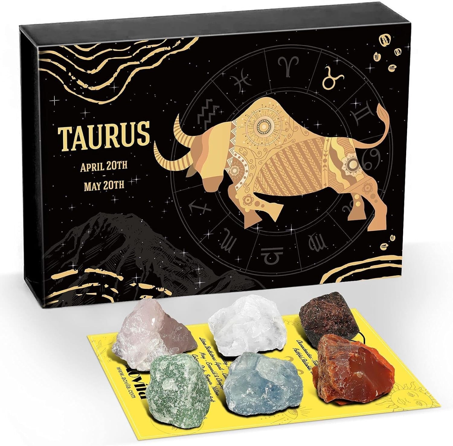 Aovila Taurus Crystals gift set with zodiac sign healing crystals and birthstones, featuring colorful polished stones and horoscope symbols.