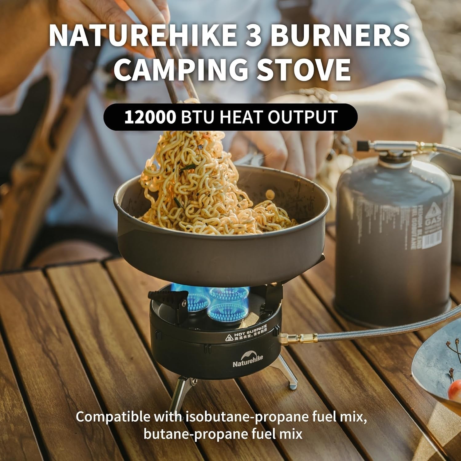 Naturehike IGT camping gas stove with portable isobutane canister, 12000BTU, compact outdoor cooking equipment for camping trips
