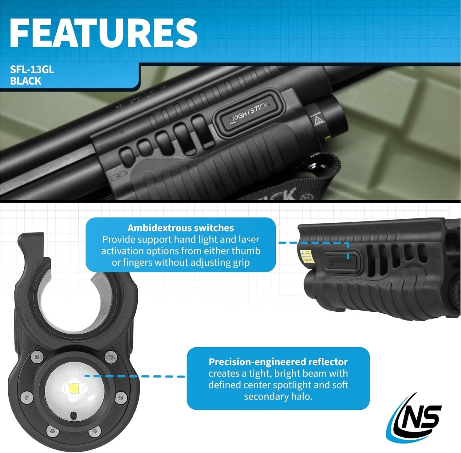 Nightstick SFL-13GL shotgun forend light mounted on Mossberg 500/590/590A1, showing black tactical flashlight for firearm illumination