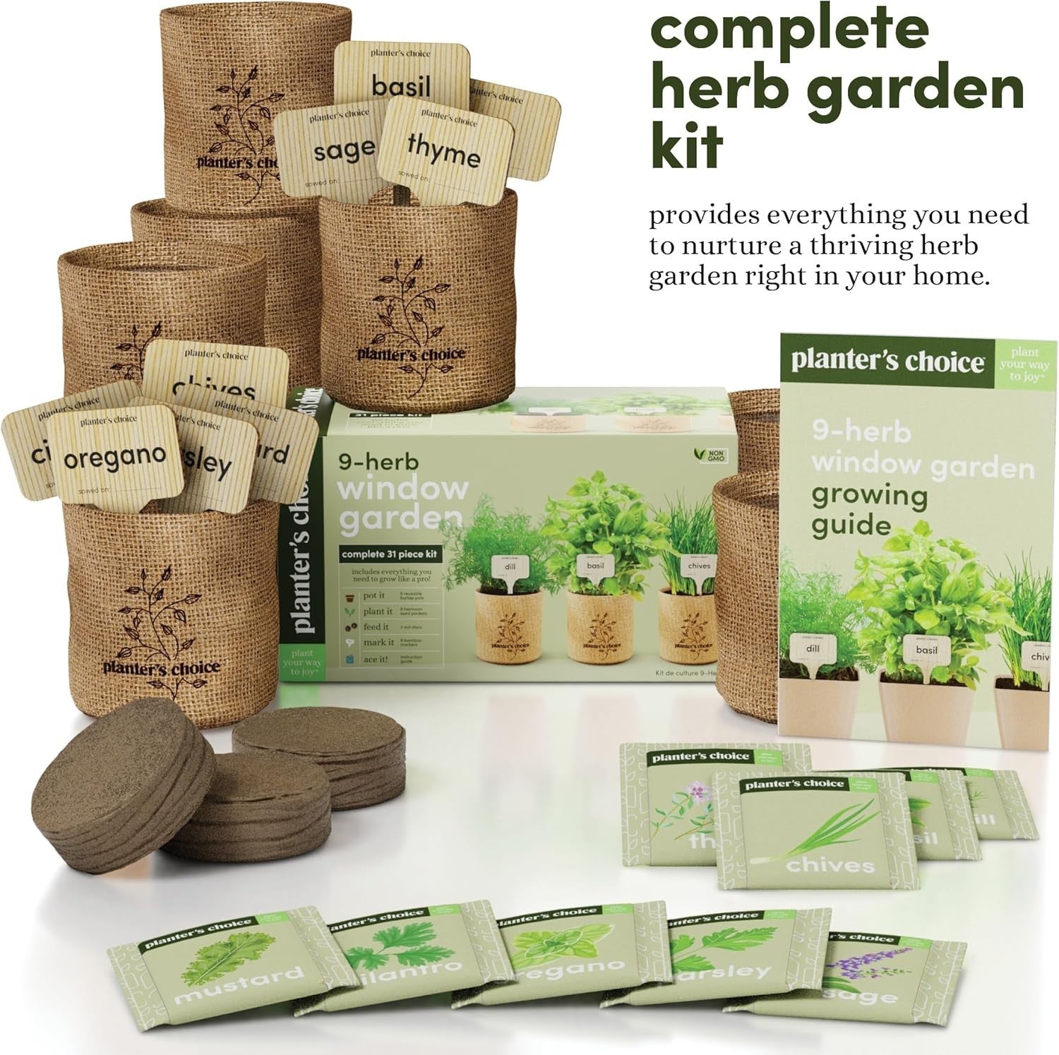 Planters' Choice 9 Herb Indoor Window Garden Kit with house plant pots and herbs for a sunny windowsill garden setup.