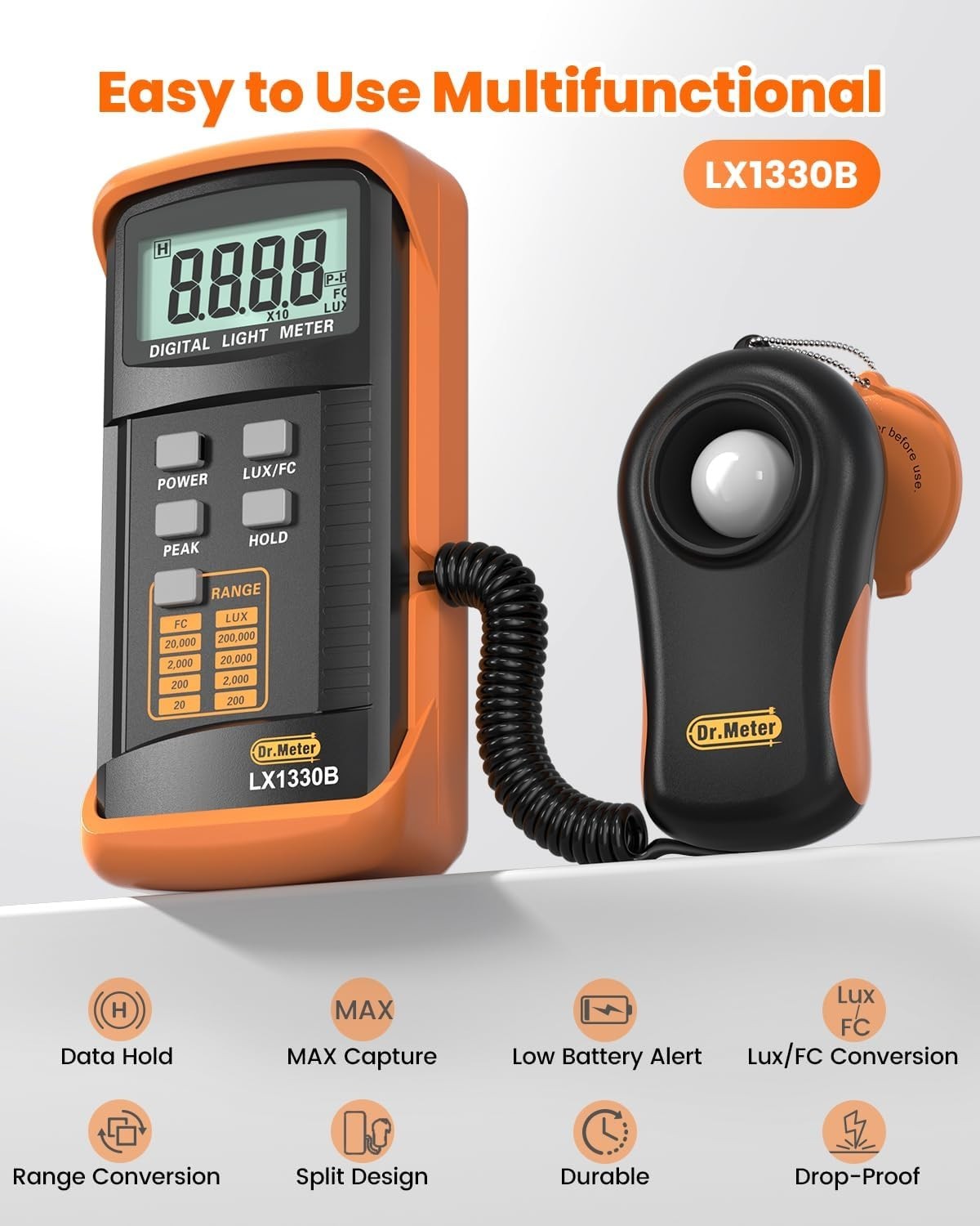Digital LX1330B illuminance light meter measuring brightness with a digital display, suitable for high-range lux light level readings.