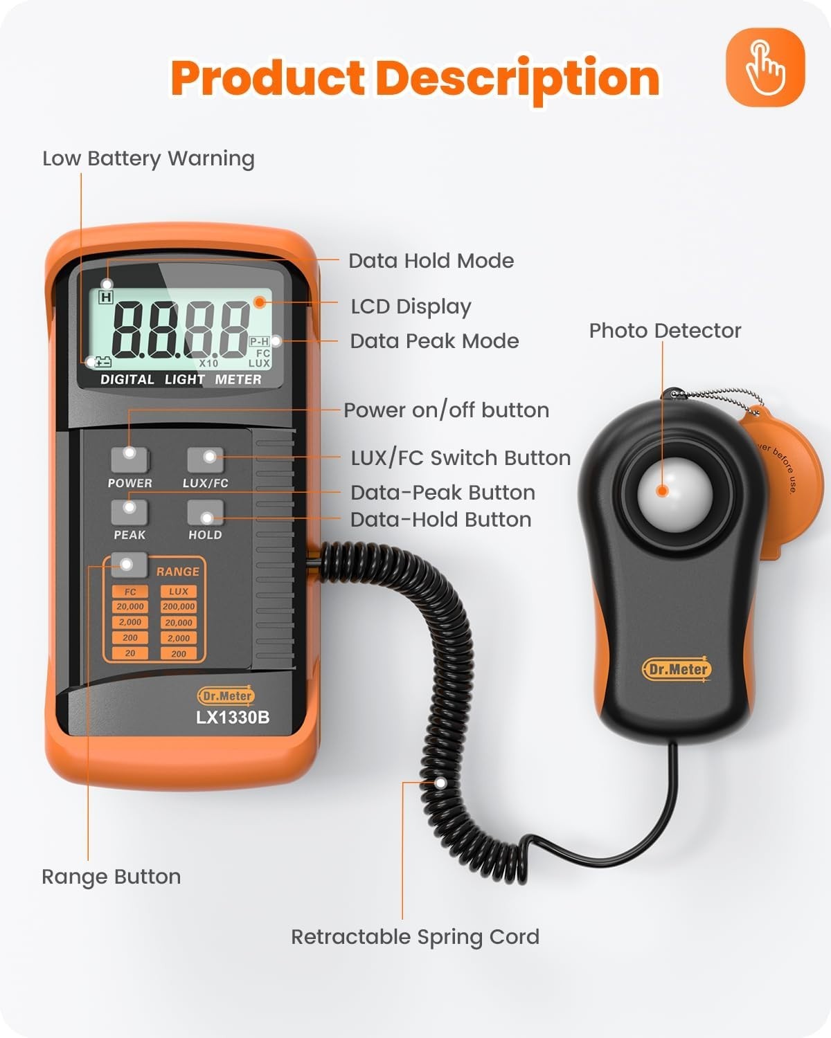 Digital LX1330B light meter showing a digital display with measurement range from 0 to 200,000 lux, used for illuminance testing