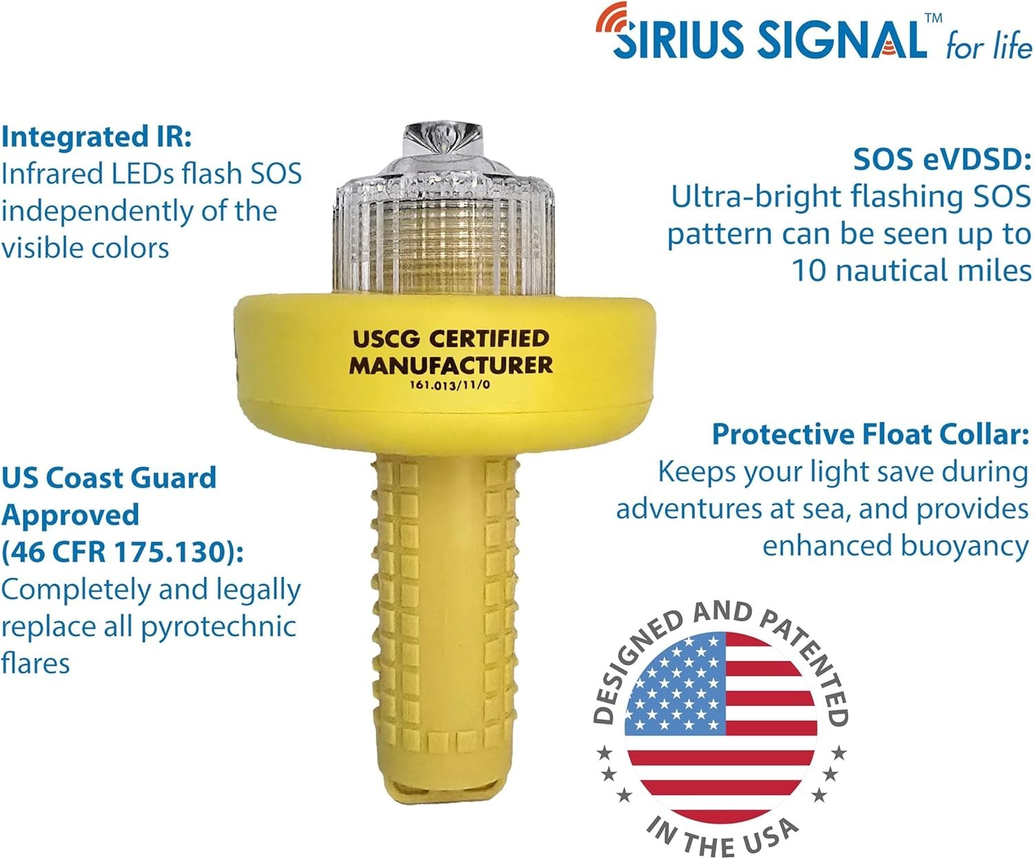 Sirius Signal C-1004 SOS LED distress signal with white and infrared lights, USCG approved, used for maritime safety.