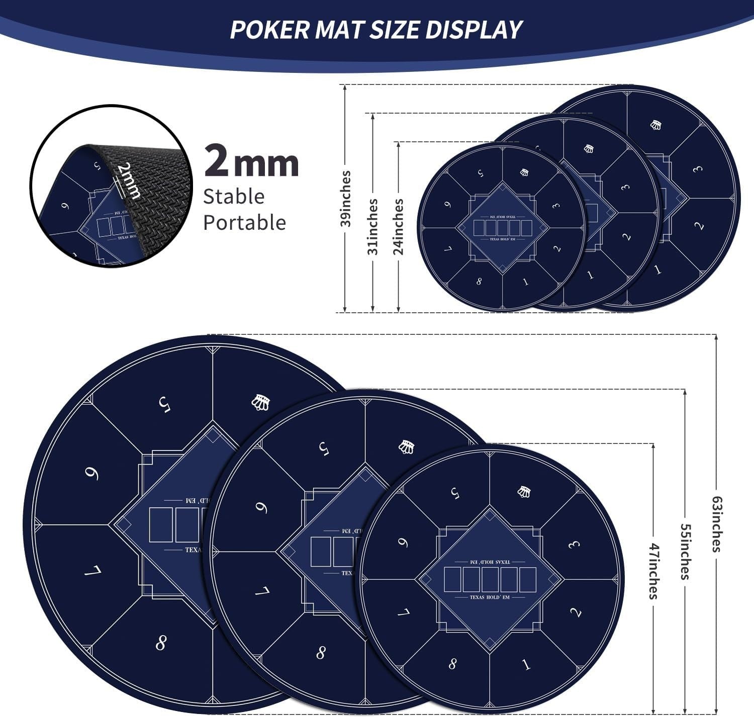 Nuveti 55-inch round poker mat for Texas Holdem, portable poker table with colorful felt surface and padded edges for comfortable play.