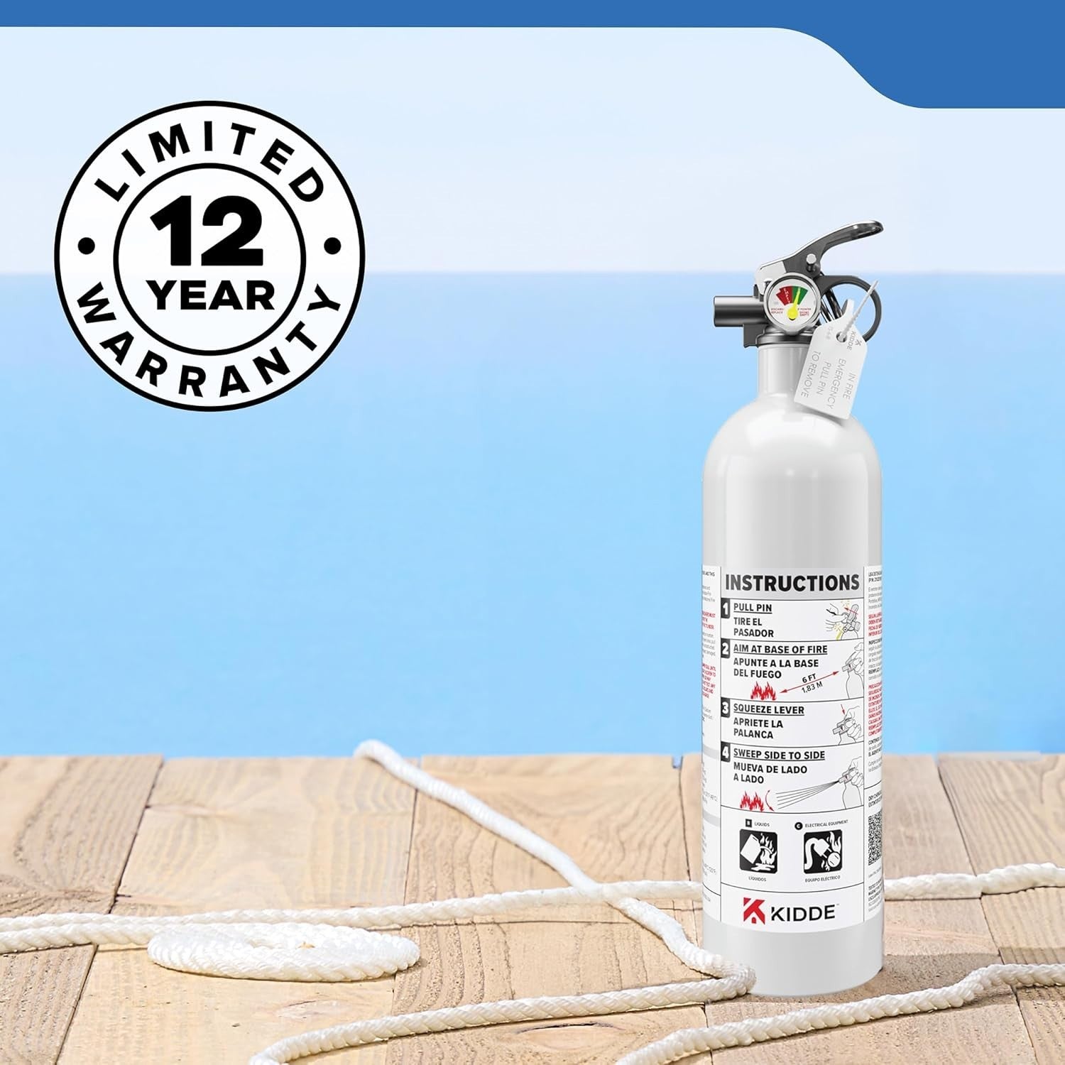 Unbranded Kidde fire extinguisher for boats, single-use 1A10BC, shown with red cylinder and safety pin for marine fire safety.