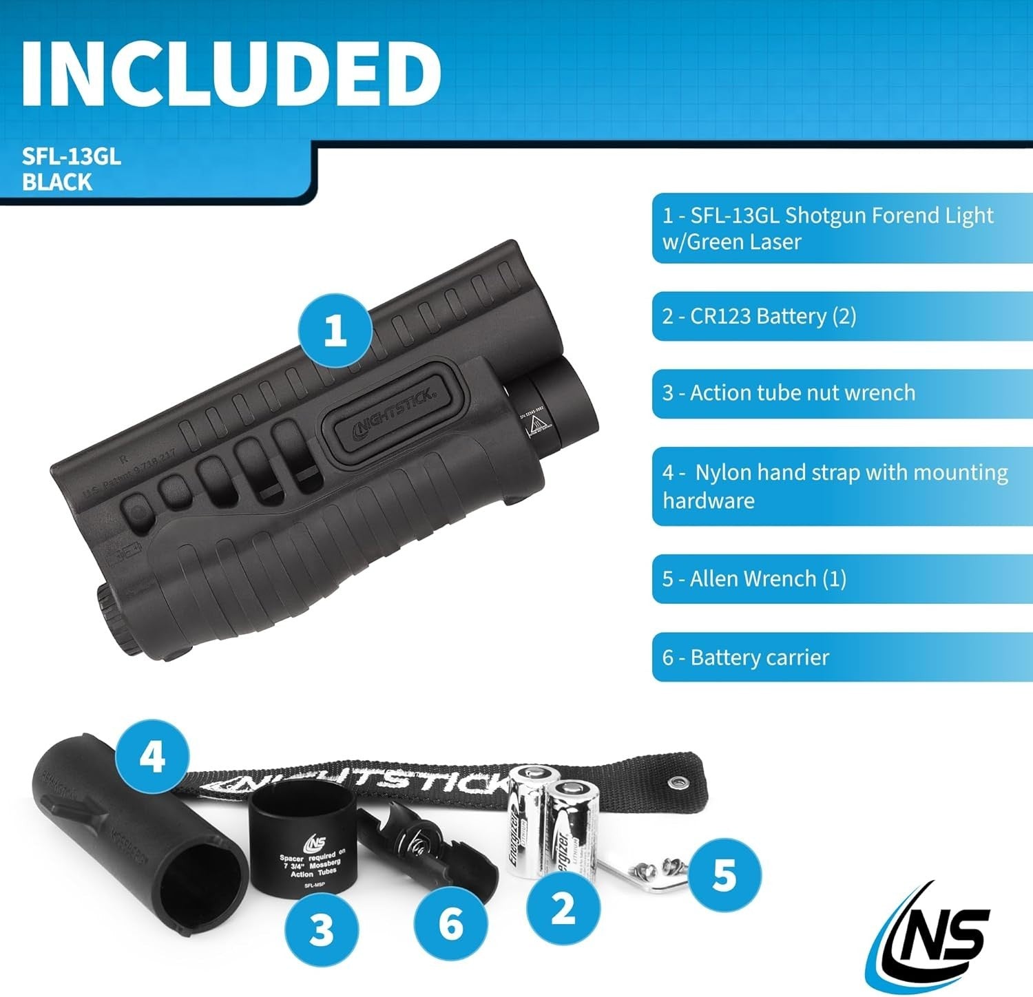 Nightstick SFL-13GL shotgun forend light mounted on Mossberg 500/590/590A1 shotgun, showing the compact design and mounting features.