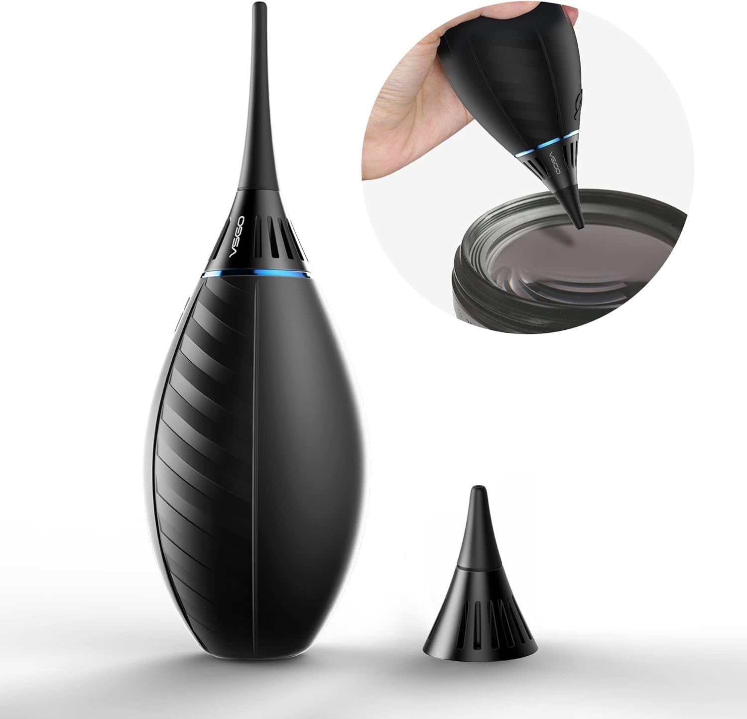 VSGO camera air blower with soft tip, single air intake, self-suction cup for cleaning camera lenses and sensors.