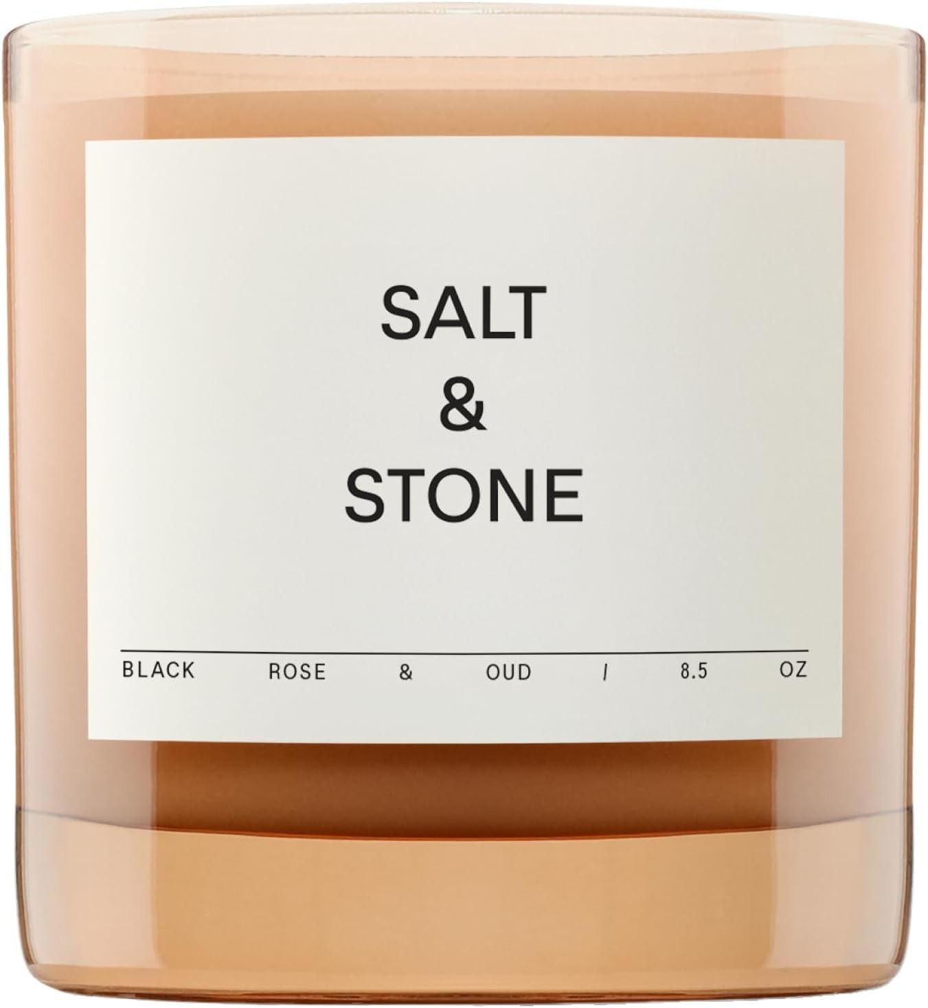 Salt & Stone black rose and oud scented candle in an 8.5 oz soy and coconut wax container, with a 50-hour burn time.