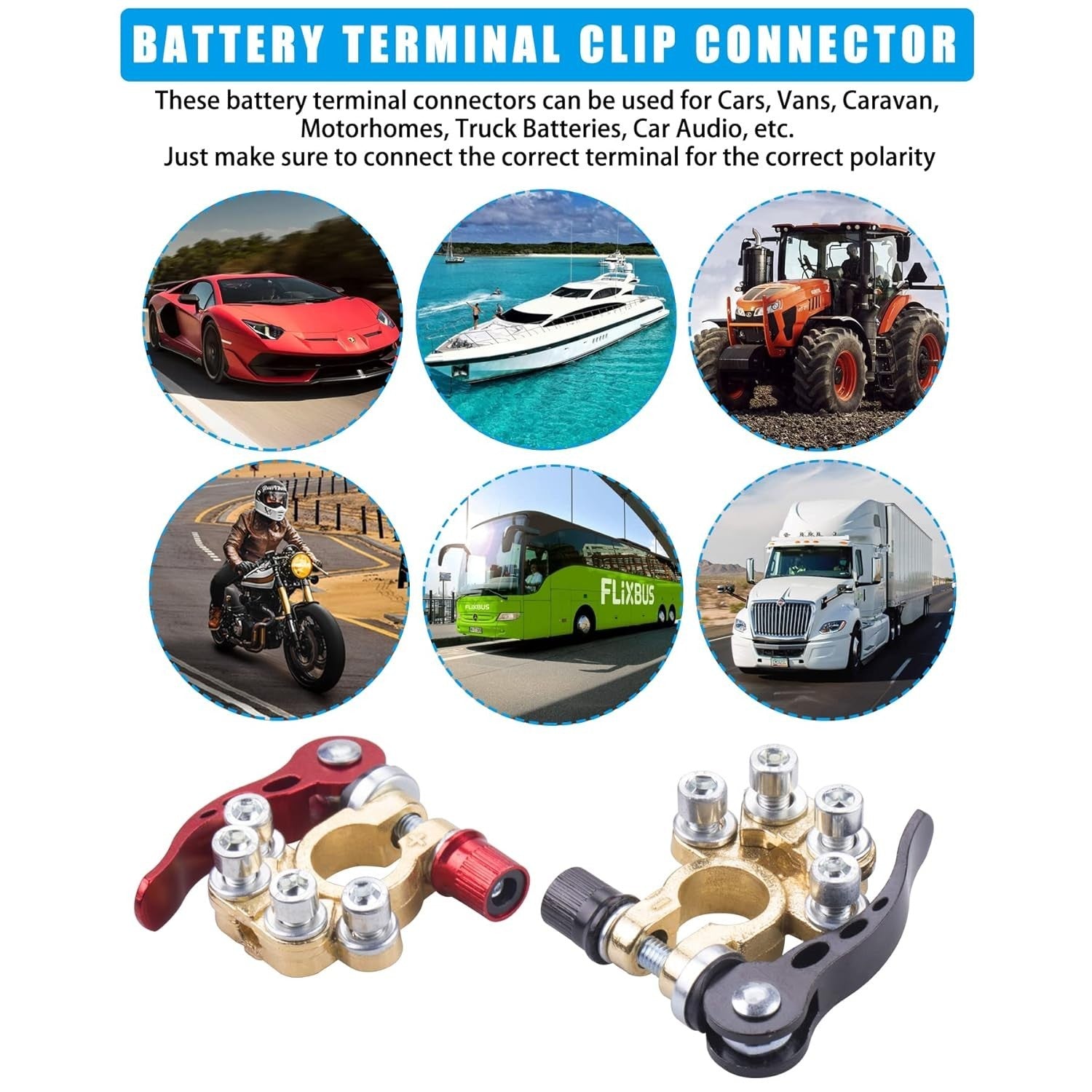 JINGKE battery terminal clamp connectors, 2-pack with 4-way quick release disconnect for automotive or marine batteries.