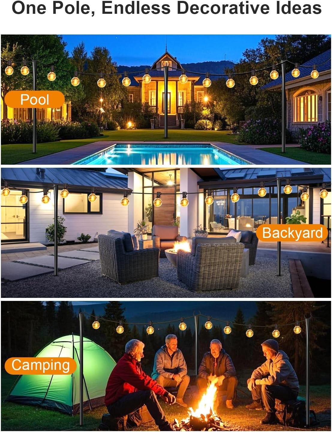 Four Fussion outdoor string light poles with thickened metal design for hanging Christmas lights and outdoor illumination.