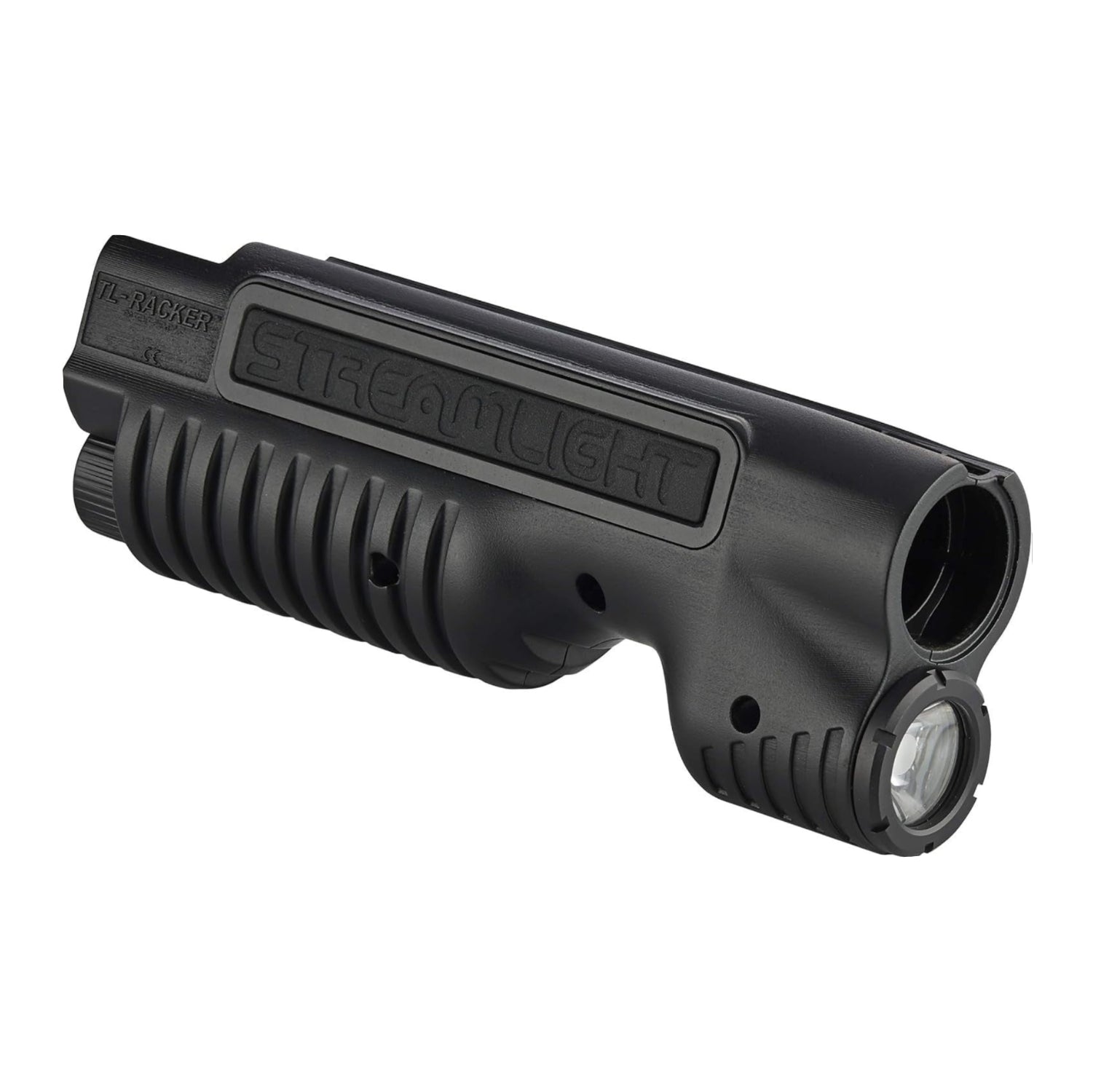 Tactical forend with integrated Streamlight 69600 TL-Racker flashlight, 1,000 lumens, black polymer, mounted on firearm.