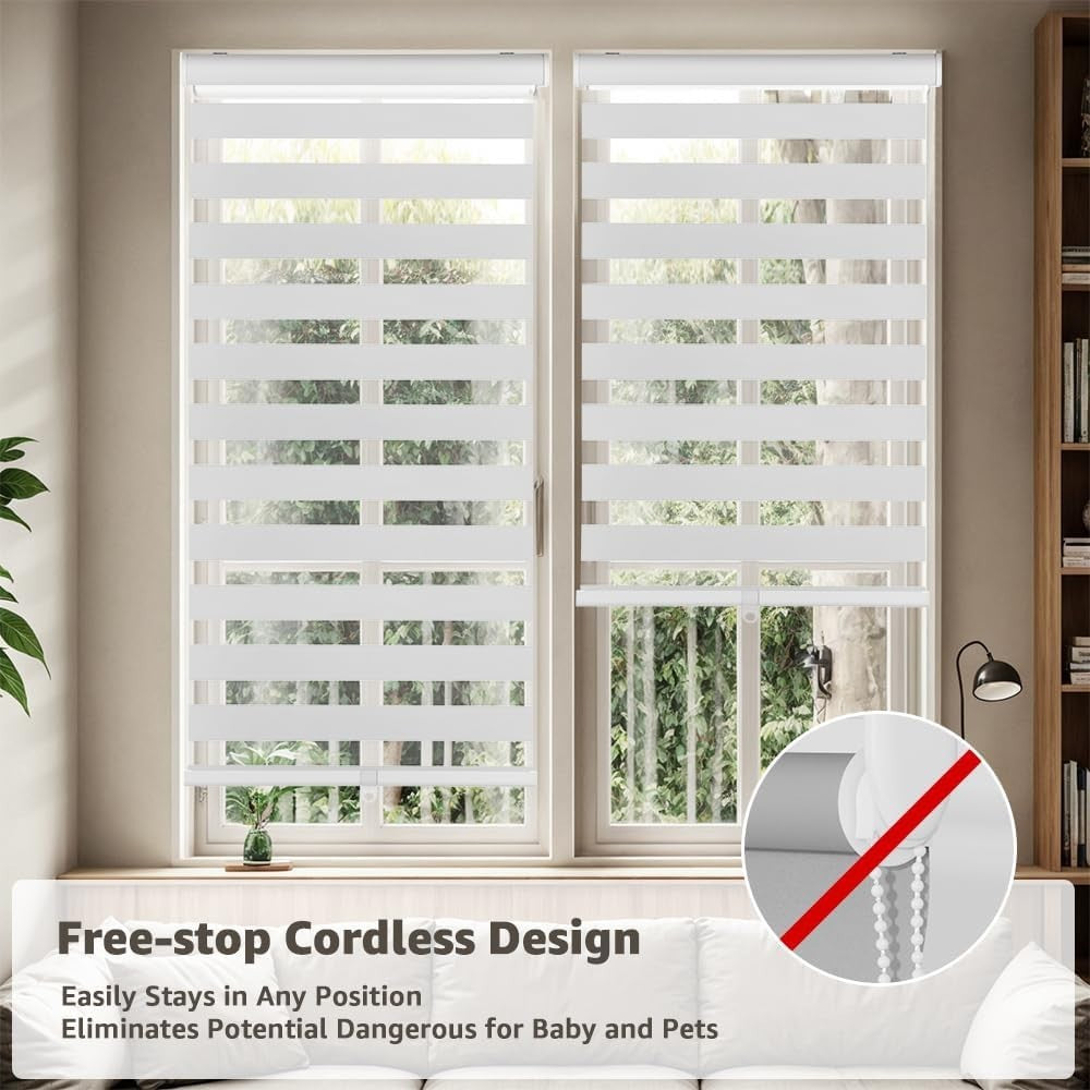SEEYE cordless zebra blinds for windows and French doors, featuring free-stop roller wind mechanism, in a sleek modern design.