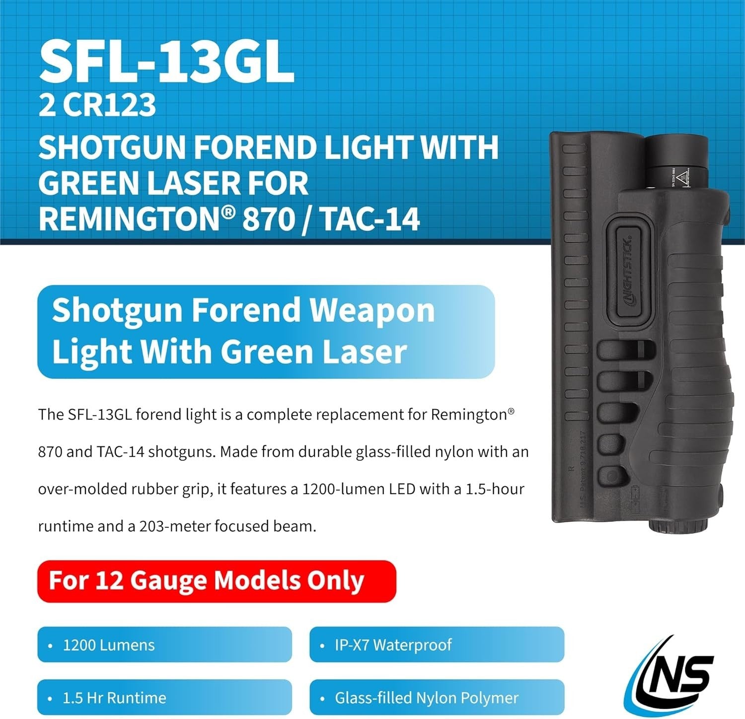Nightstick SFL-13GL shotgun forend light mounted on Mossberg 500 or 590 series shotgun, highlighting the tactical design.
