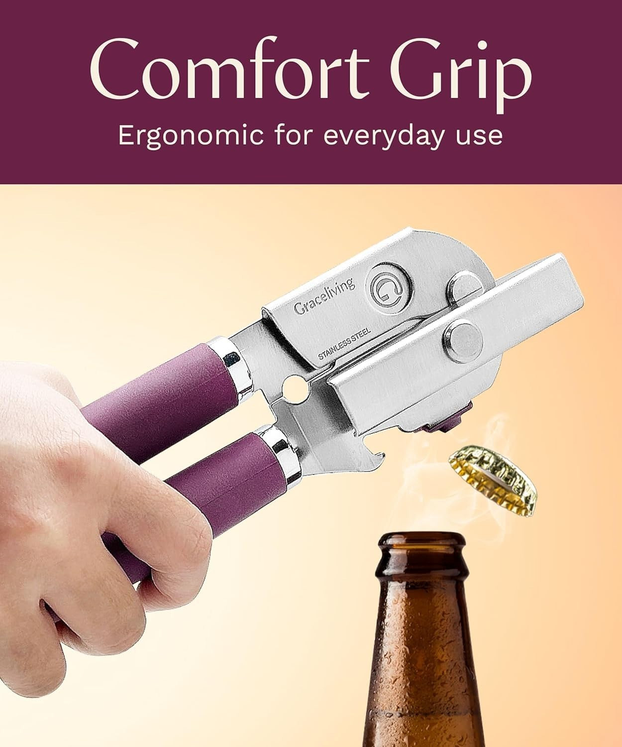 Graceliving premium multifunction magnetic manual can opener and bottle opener, heavy-duty stainless steel design, shows in use.